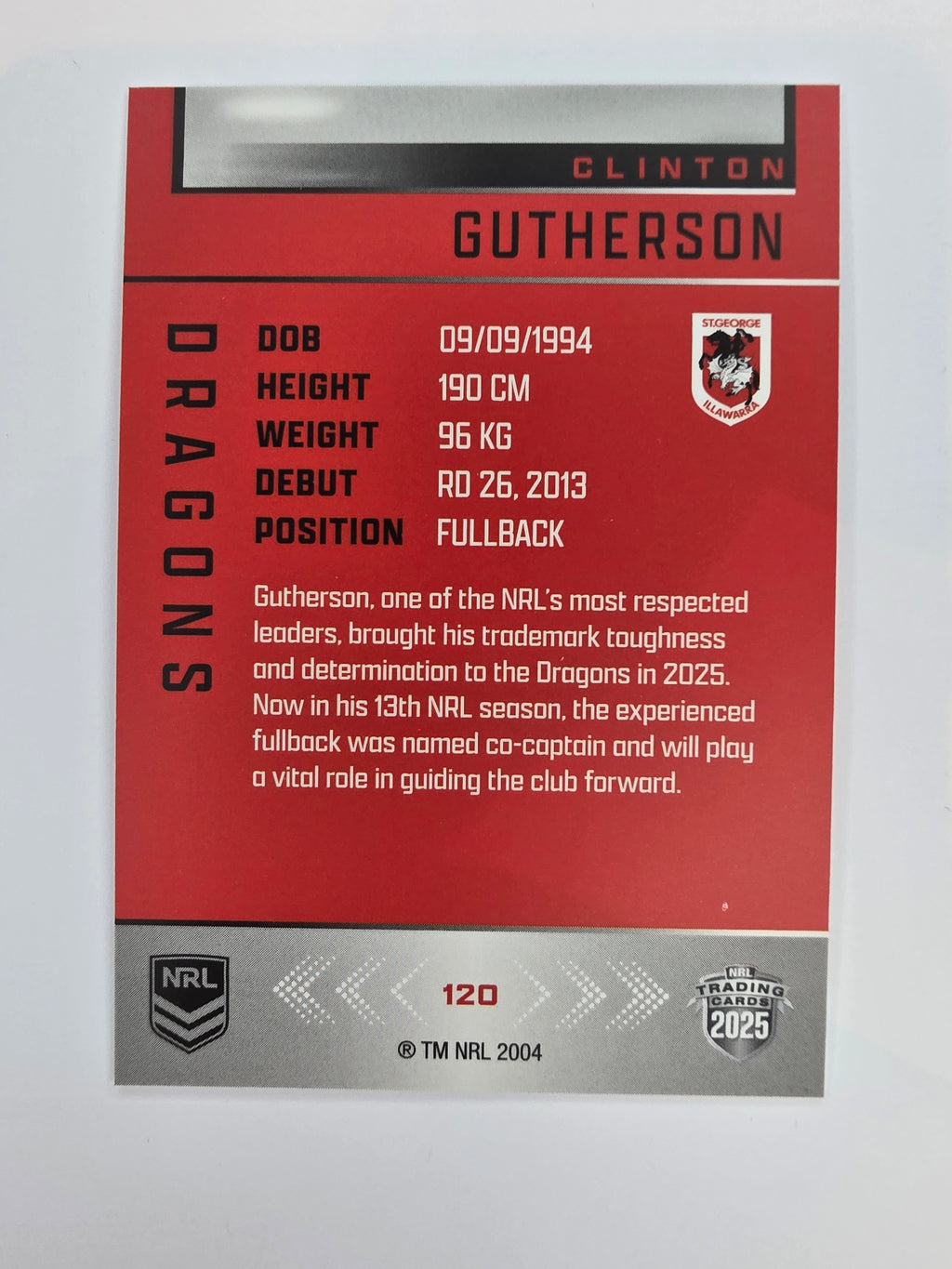 NRL 2025 Elite Base #120 Clinton Gutherson Dragons
