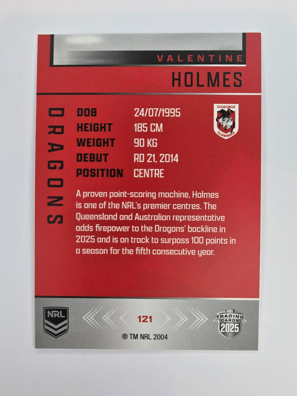 NRL 2025 Elite Base #121 Valentine Holmes Dragons