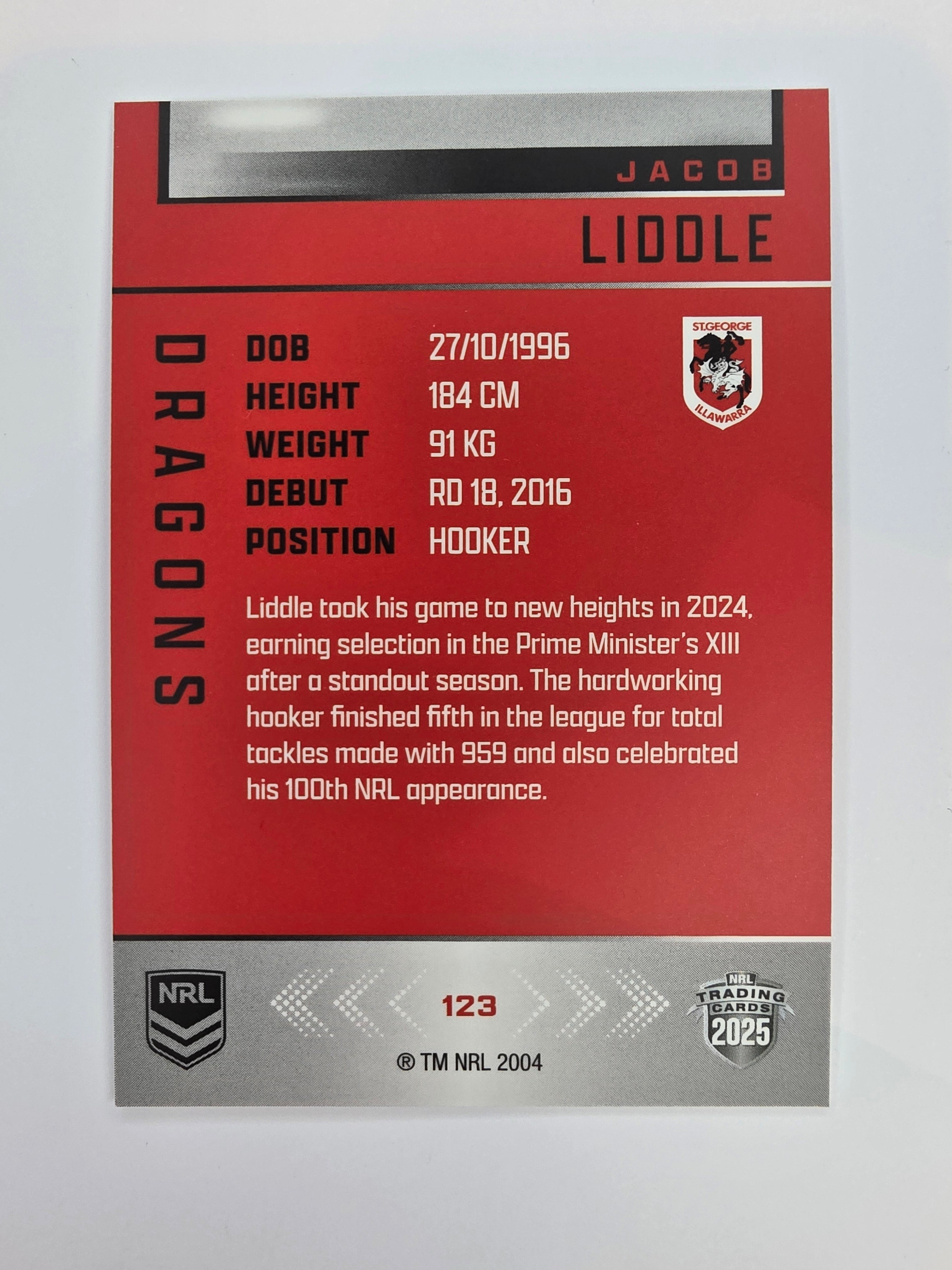 NRL 2025 Elite Base #123 Jacob Liddle Dragons