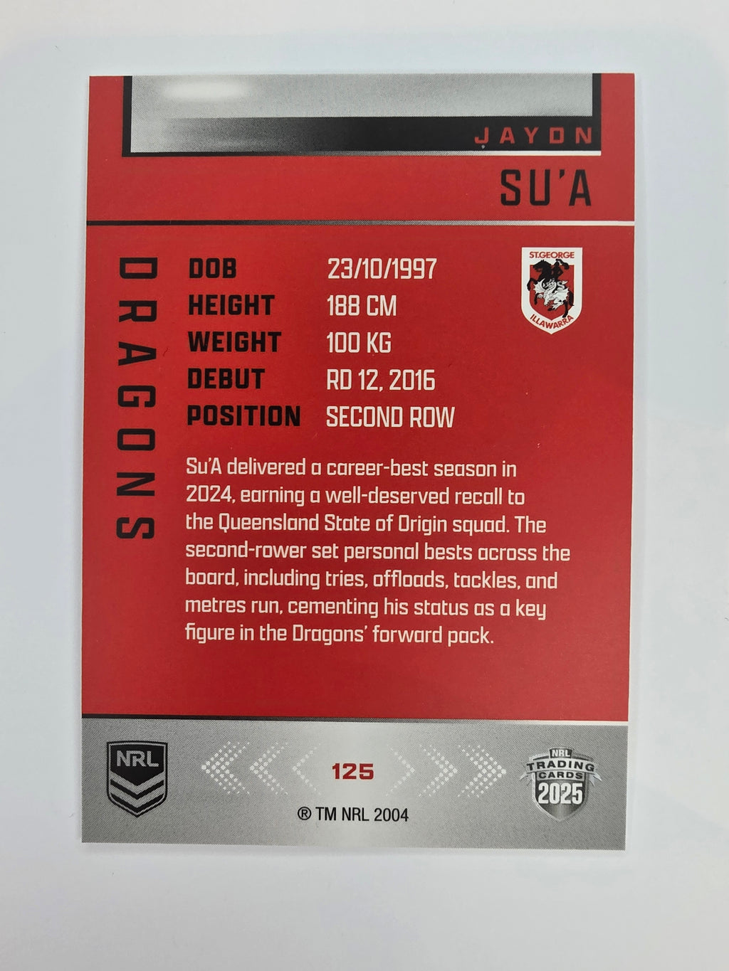 NRL 2025 Elite Base #125 Jaydn Su'a Dragons