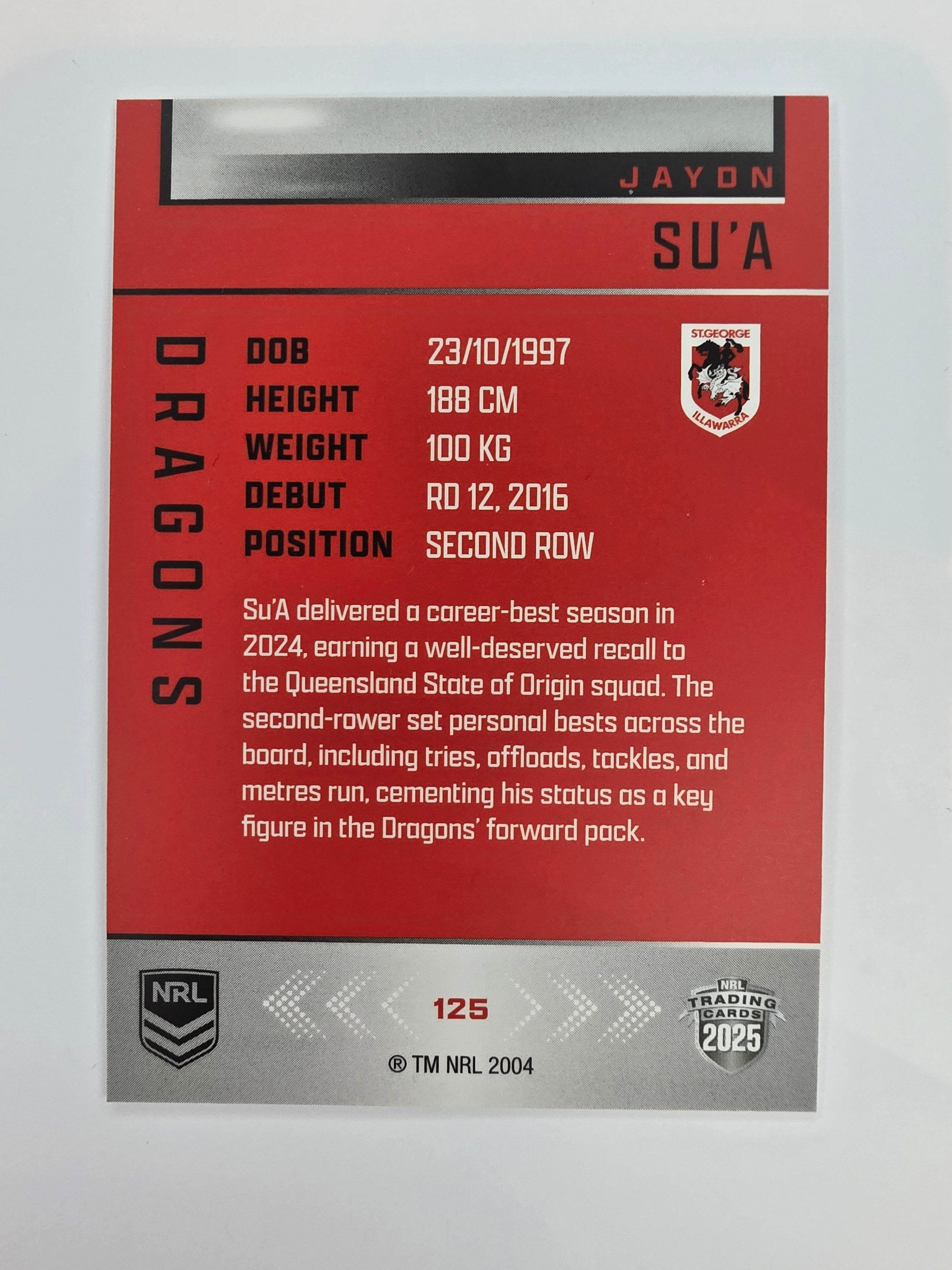 NRL 2025 Elite Base #125 Jaydn Su'a Dragons
