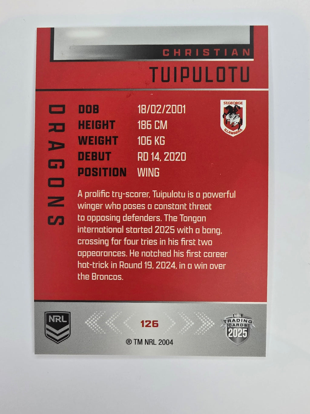 NRL 2025 Elite Base #126 Christian Tuipulotu Dragons