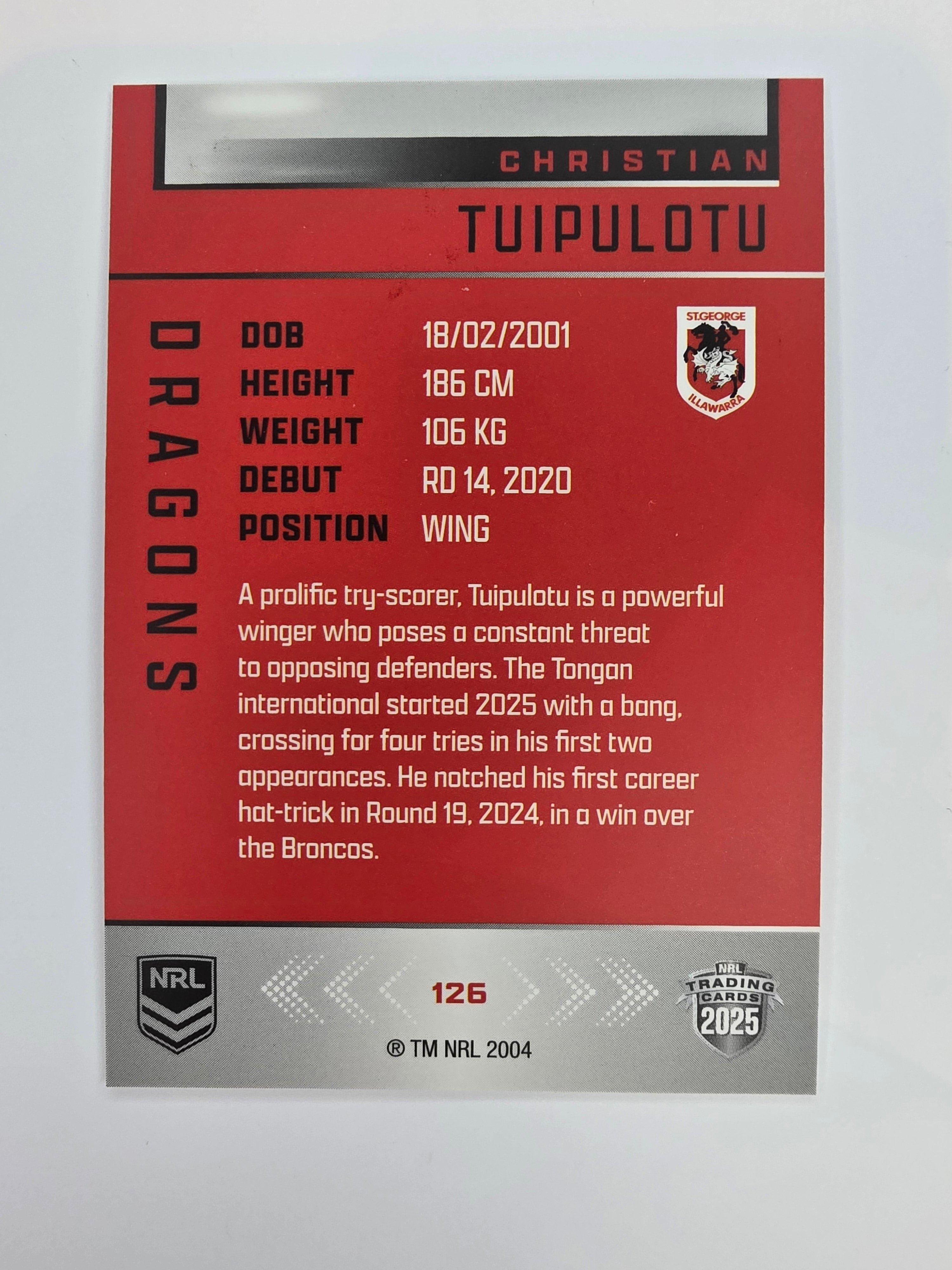 NRL 2025 Elite Base #126 Christian Tuipulotu Dragons