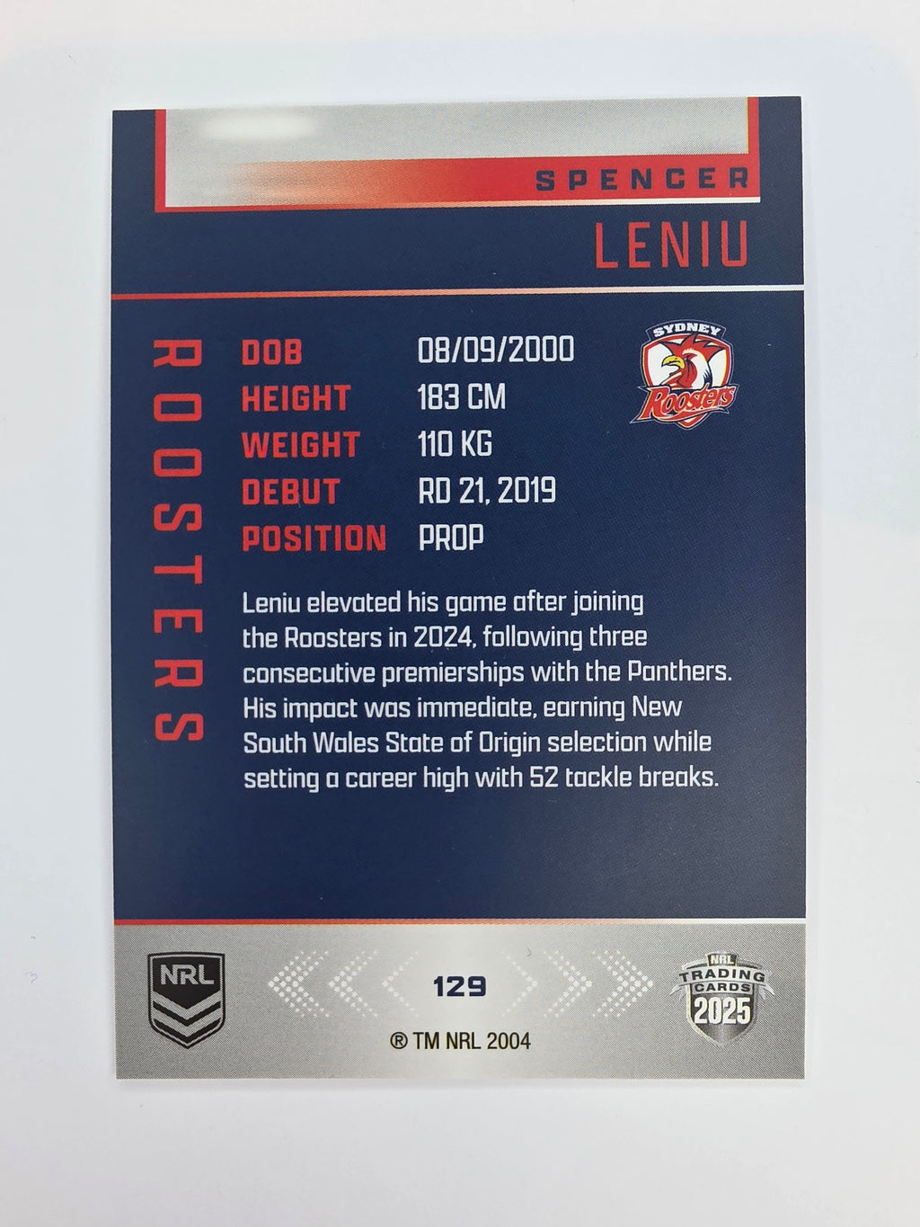 NRL 2025 Elite Base #129 Spencer Leniu Roosters