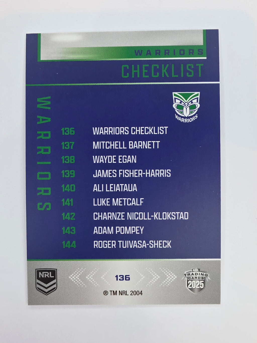 NRL 2025 Elite Base #136 Checklist Warriors