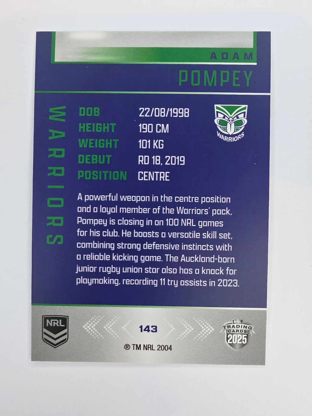 NRL 2025 Elite Base #143 Adam Pompey New Zealand Warriors
