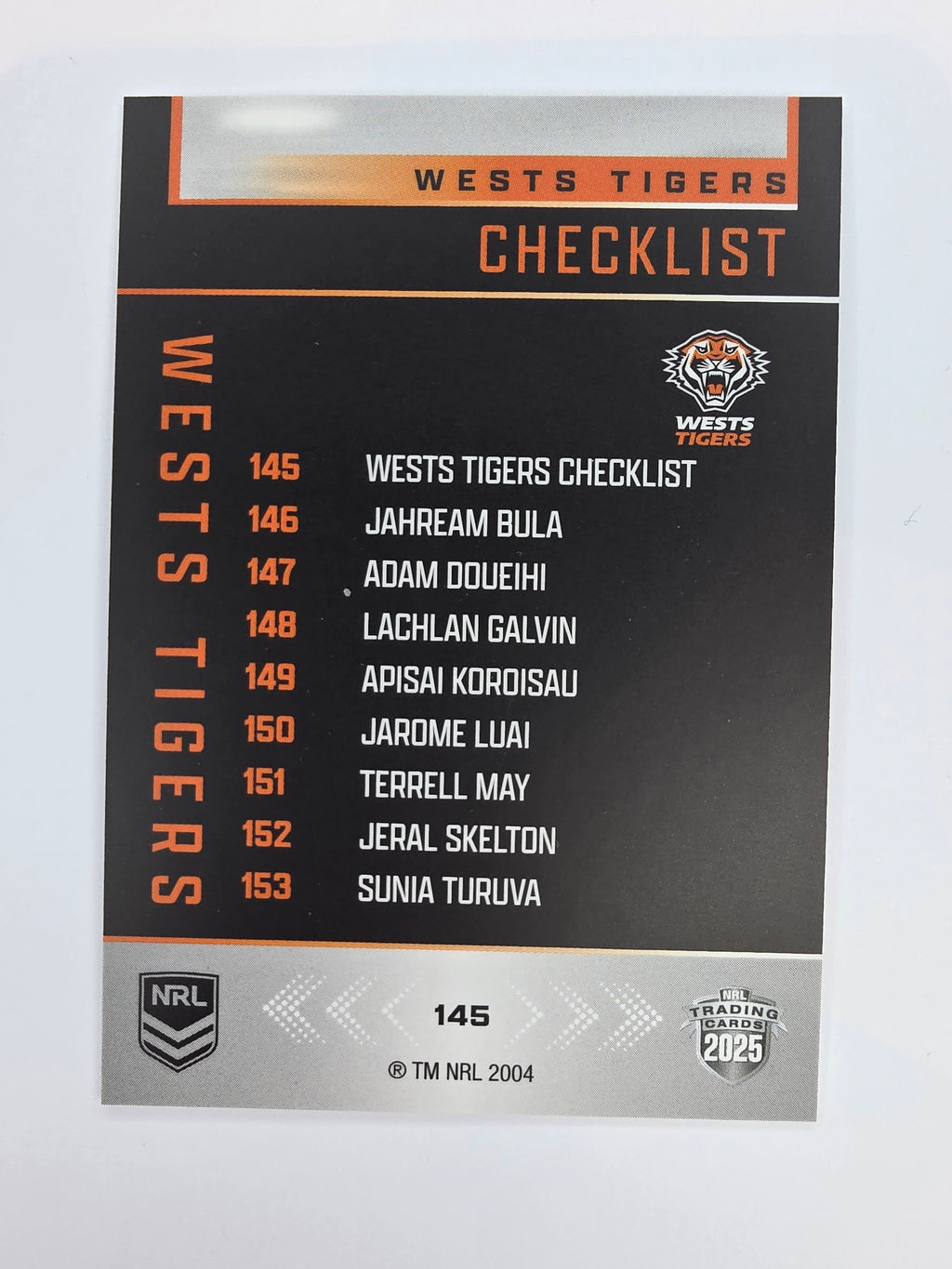 NRL 2025 Elite Base #145 Checklist Wests Tigers