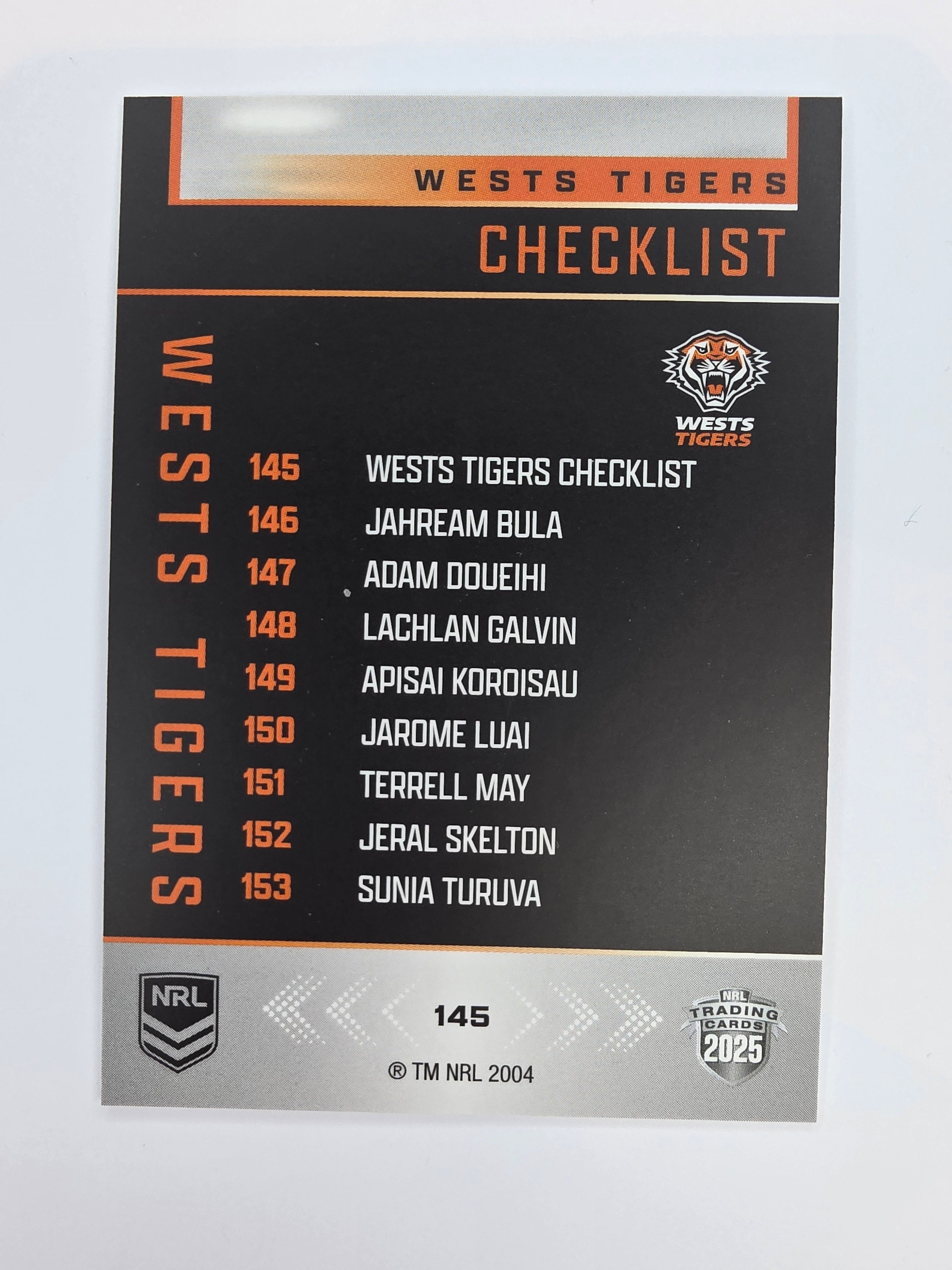 NRL 2025 Elite Base #145 Checklist Wests Tigers