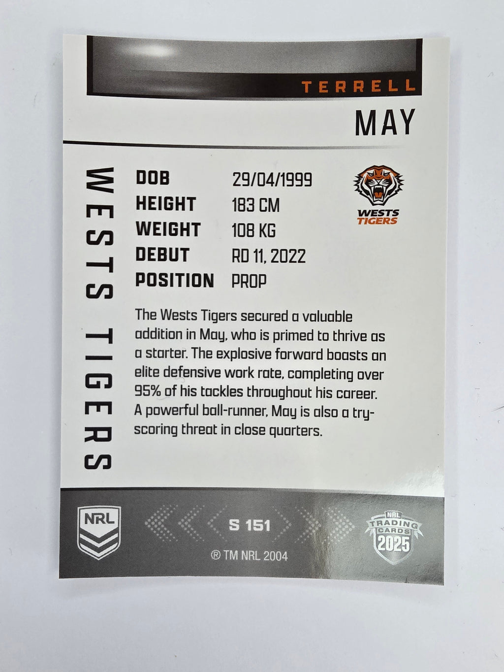 NRL 2025 Elite | Silver Parallel | #S151 | Terrell May | Tigers