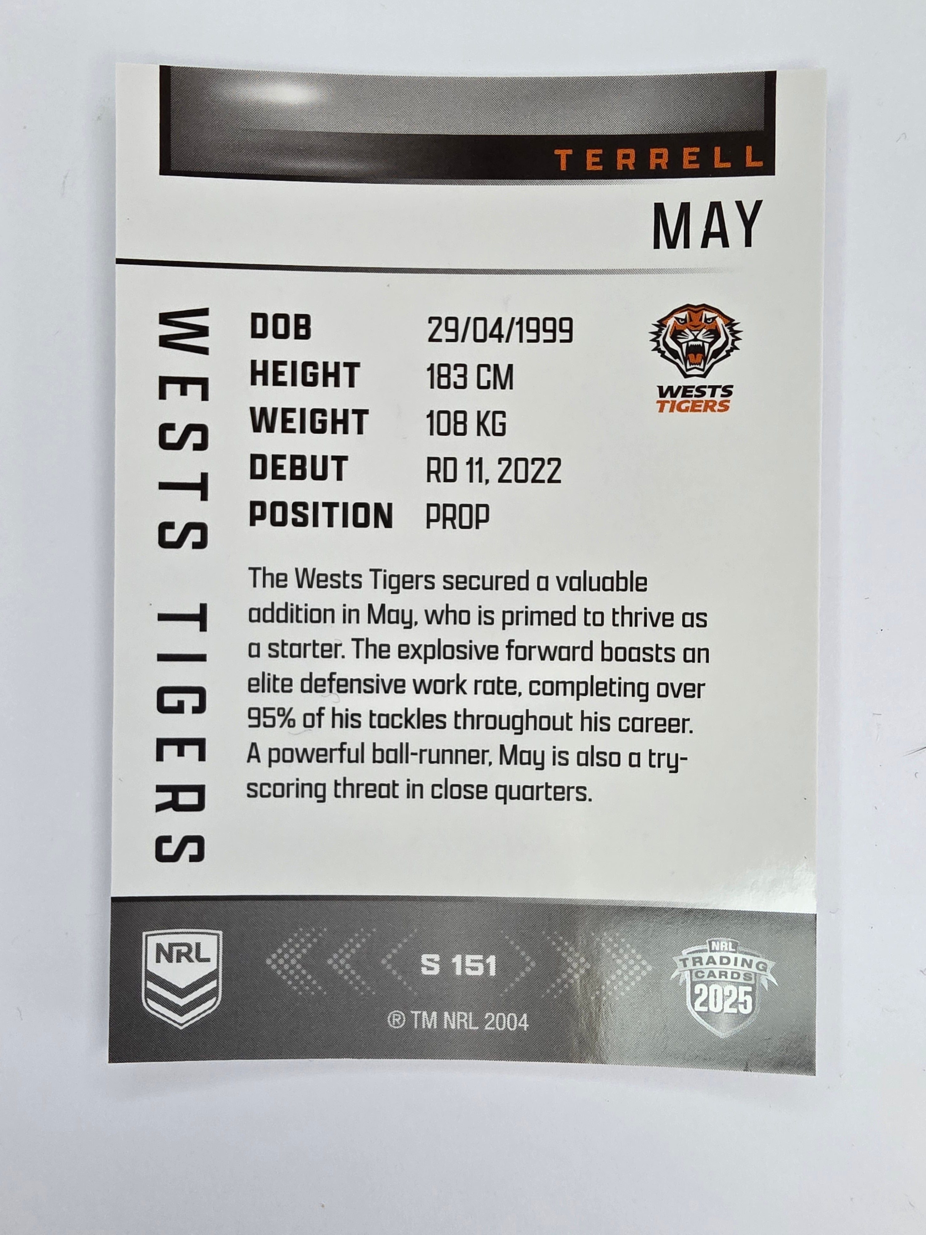 NRL 2025 Elite | Silver Parallel | #S151 | Terrell May | Tigers