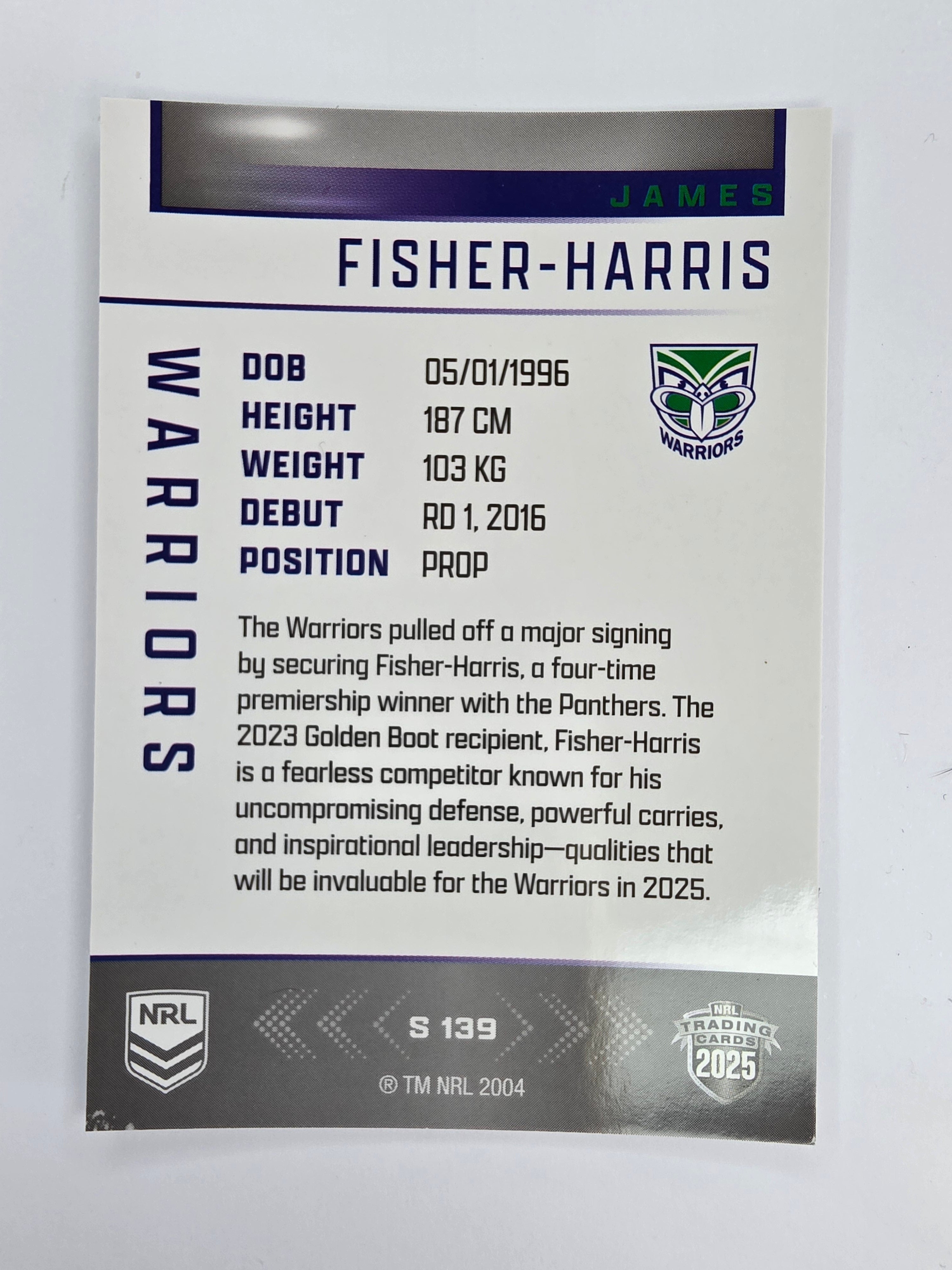 NRL 2025 Elite | Silver Parallel | #S139 | James Fisher-Harris | Warriors