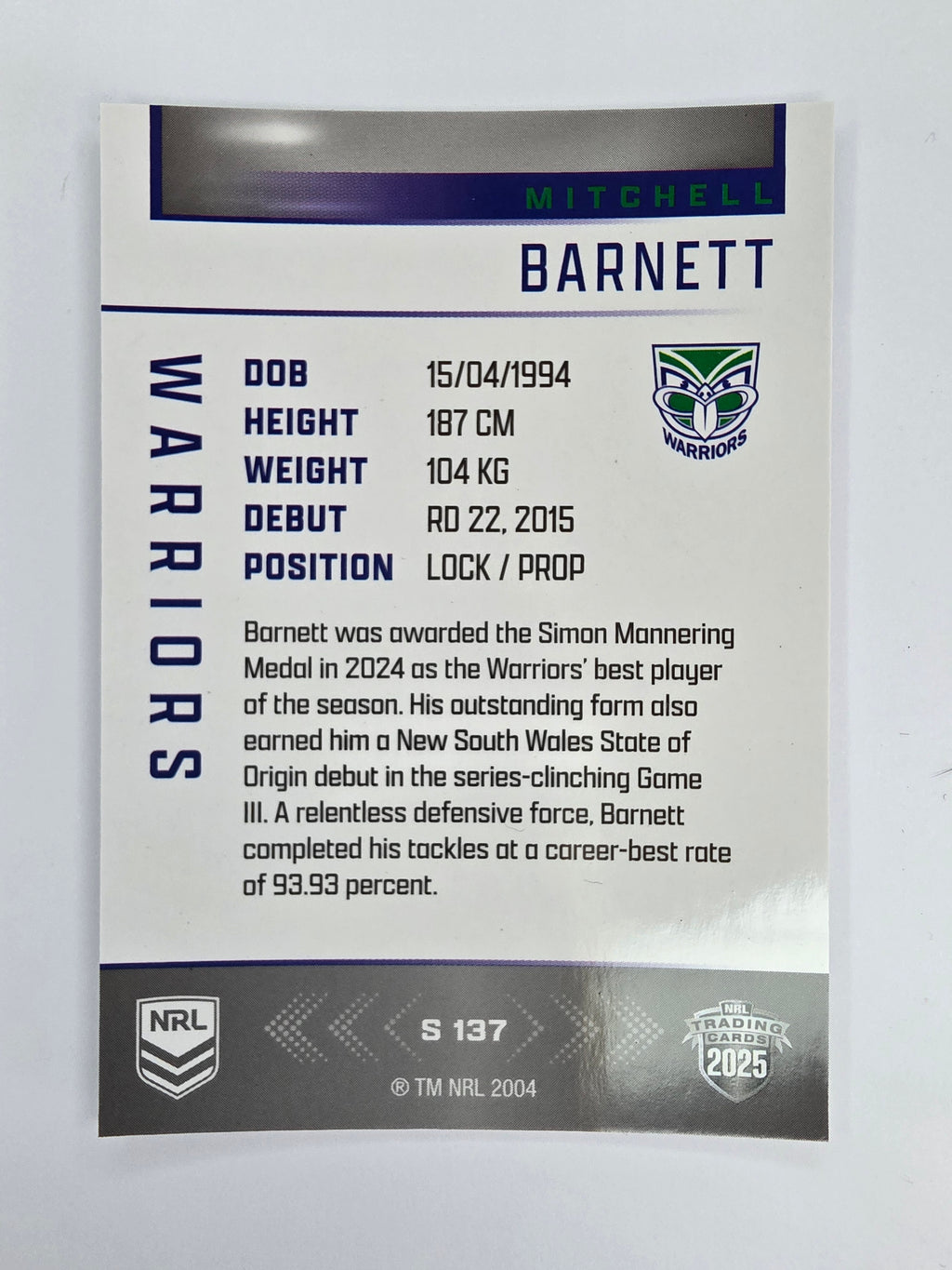 NRL 2025 Elite | Silver Parallel | #S137 | Mitchell Barnett | Warriors