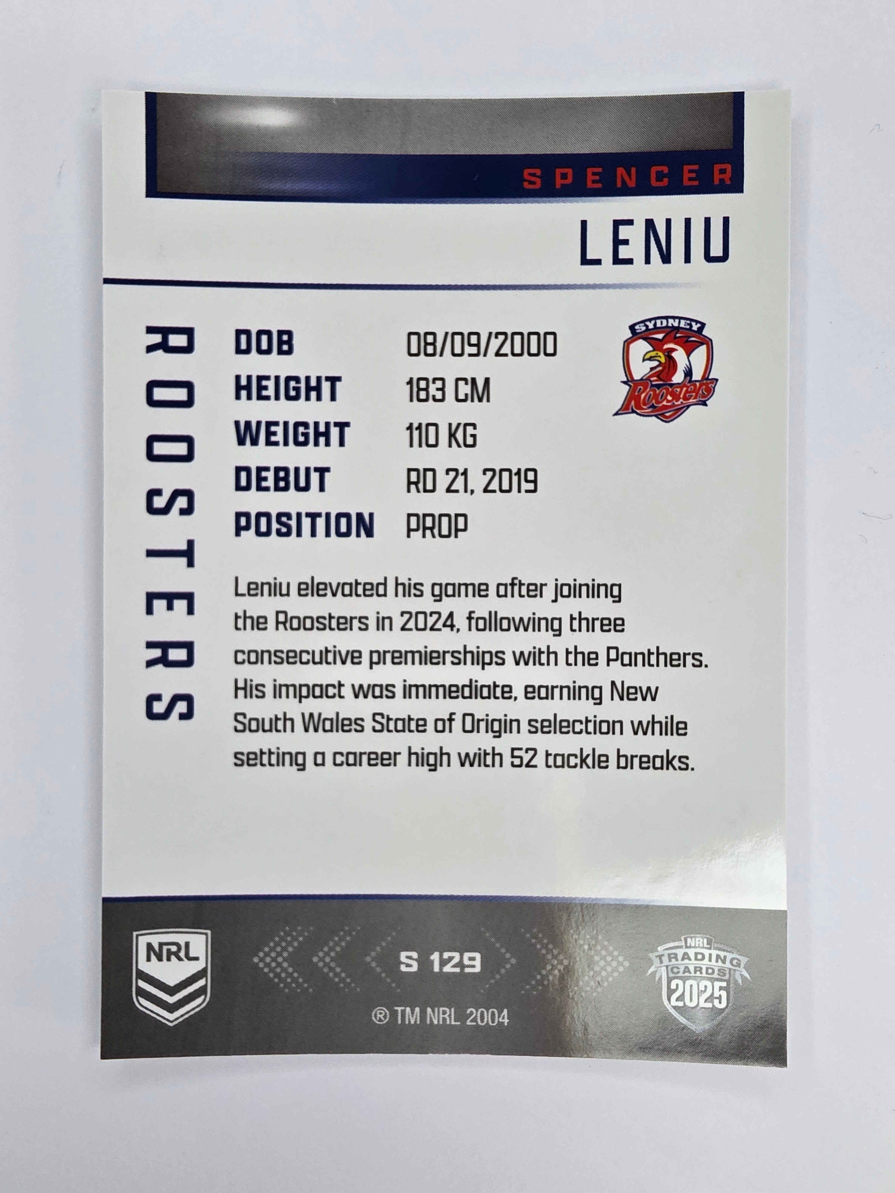 NRL 2025 Elite | Silver Parallel | #S129 | Spencer Leniu | Roosters