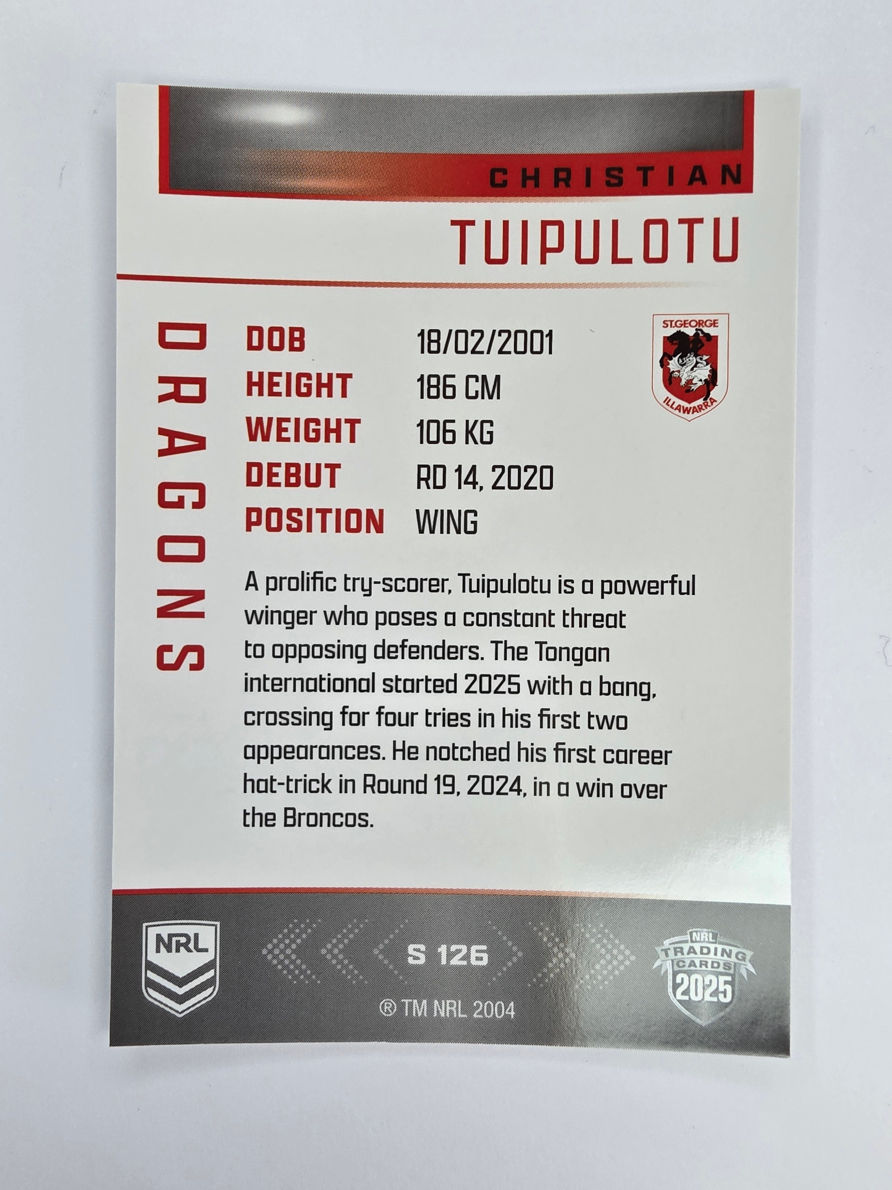 NRL 2025 Elite | Silver Parallel | #S126 | Christian Tuipulotu | Dragons