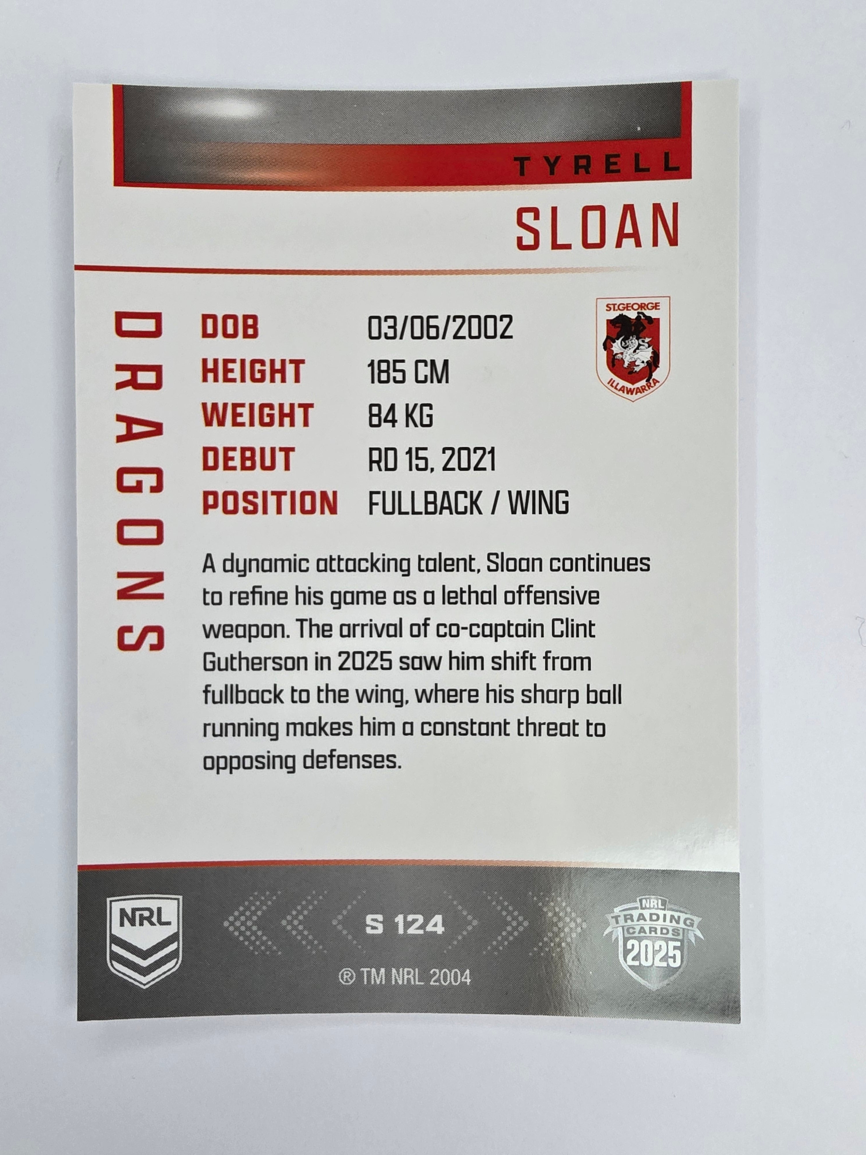 NRL 2025 Elite | Silver Parallel | #S124 | Tyrell Sloan | Dragons