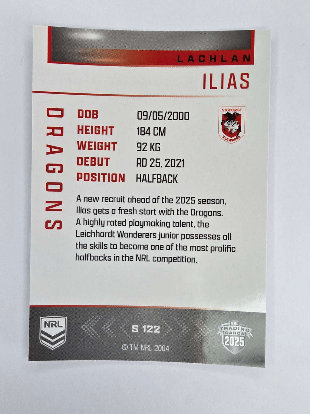 NRL 2025 Elite | Silver Parallel | #S122 | Lachlan Ilias | Dragons