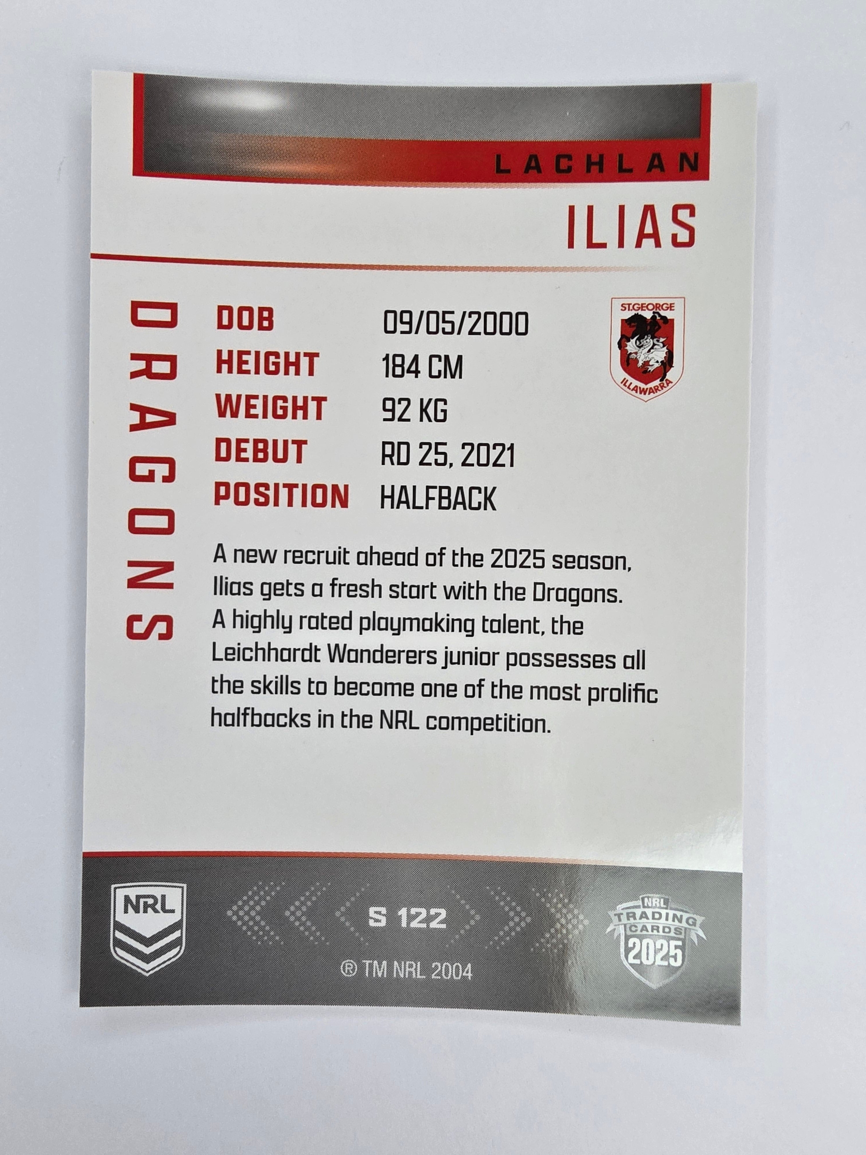 NRL 2025 Elite | Silver Parallel | #S122 | Lachlan Ilias | Dragons