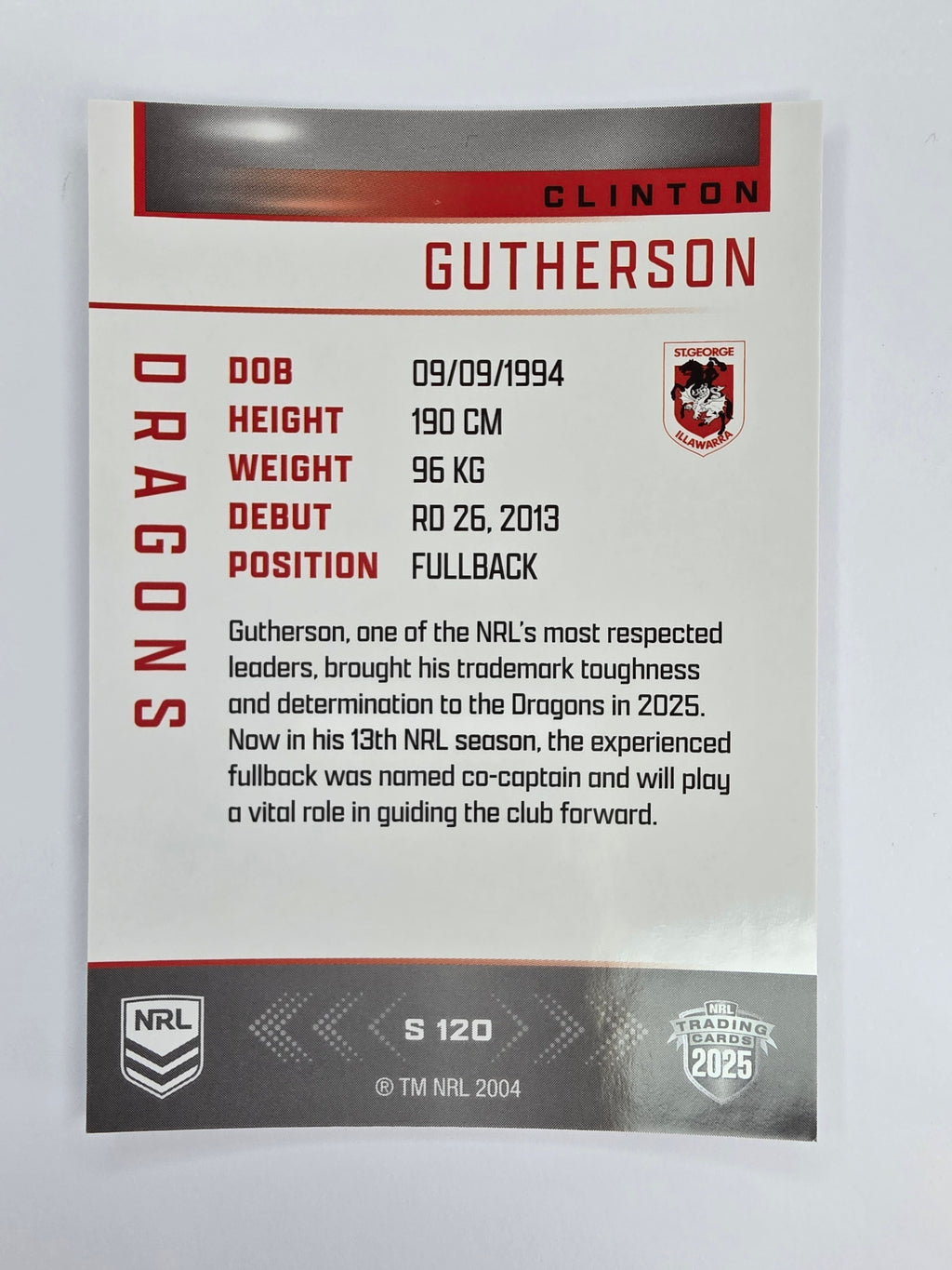 NRL 2025 Elite | Silver Parallel | #S120 | Clinton Gutherson | Dragons