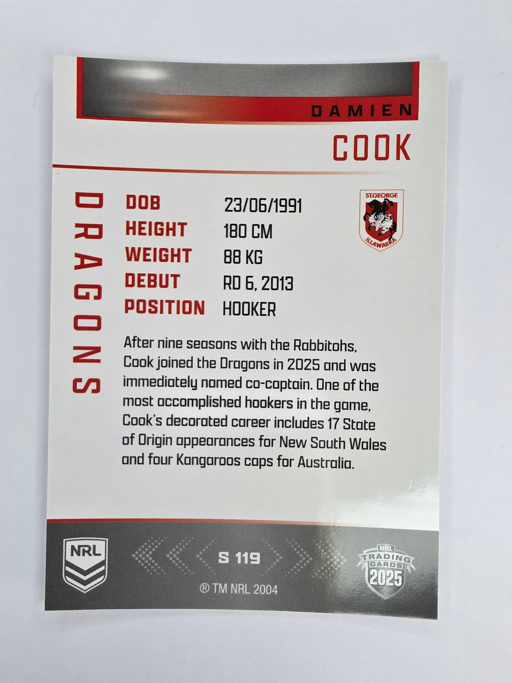 NRL 2025 Elite | Silver Parallel | #S119 | Damien Cook | Dragons