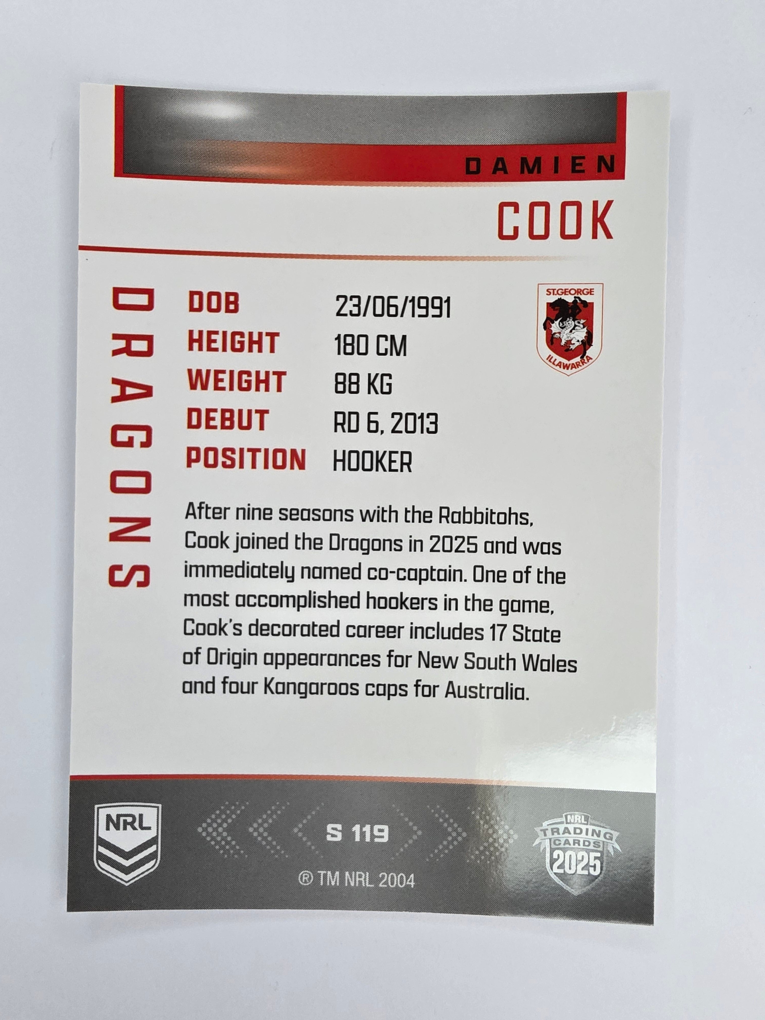 NRL 2025 Elite | Silver Parallel | #S119 | Damien Cook | Dragons
