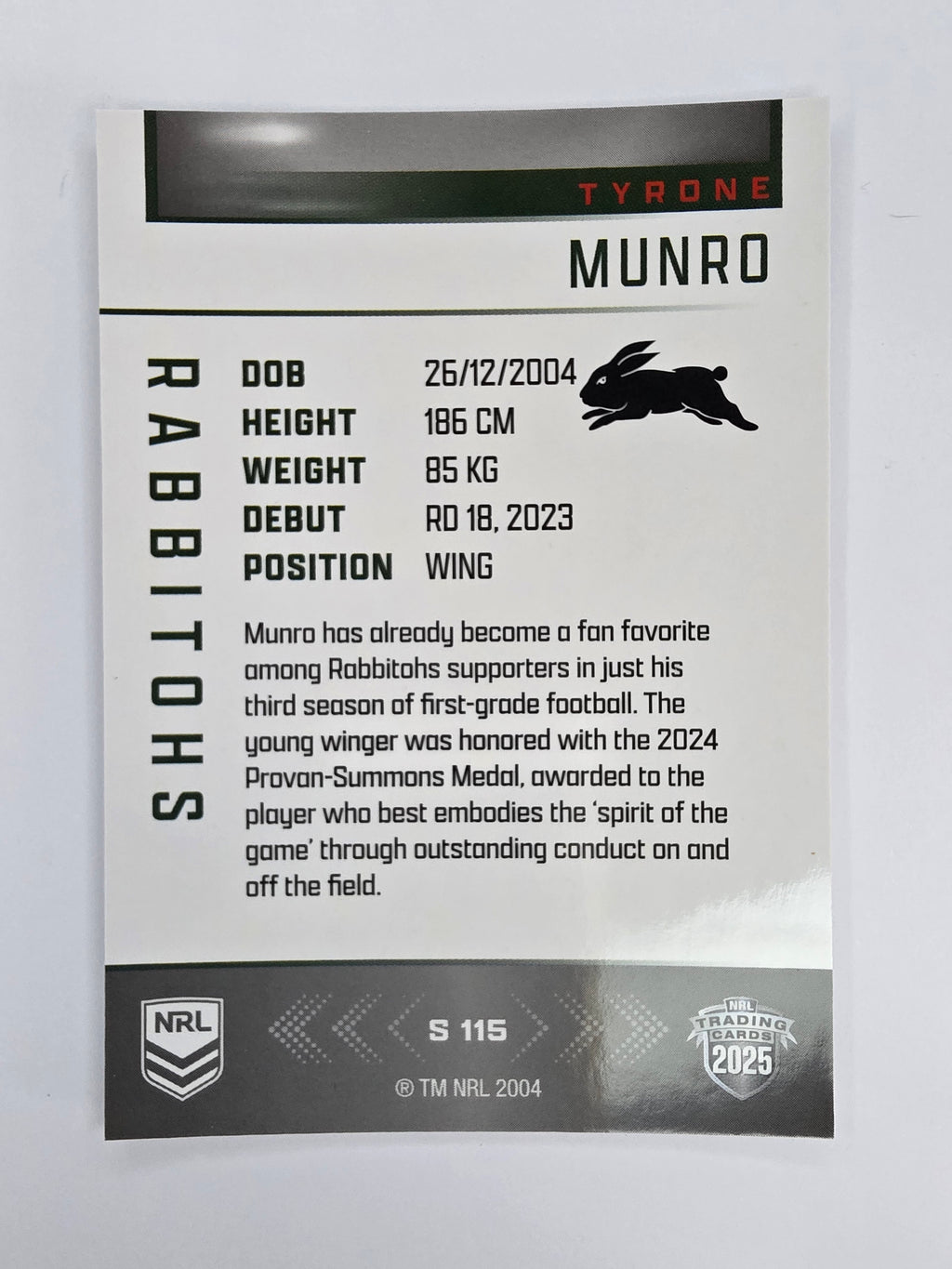 NRL 2025 Elite | Silver Parallel | #S115 | Tyrone Munro | Rabbitohs