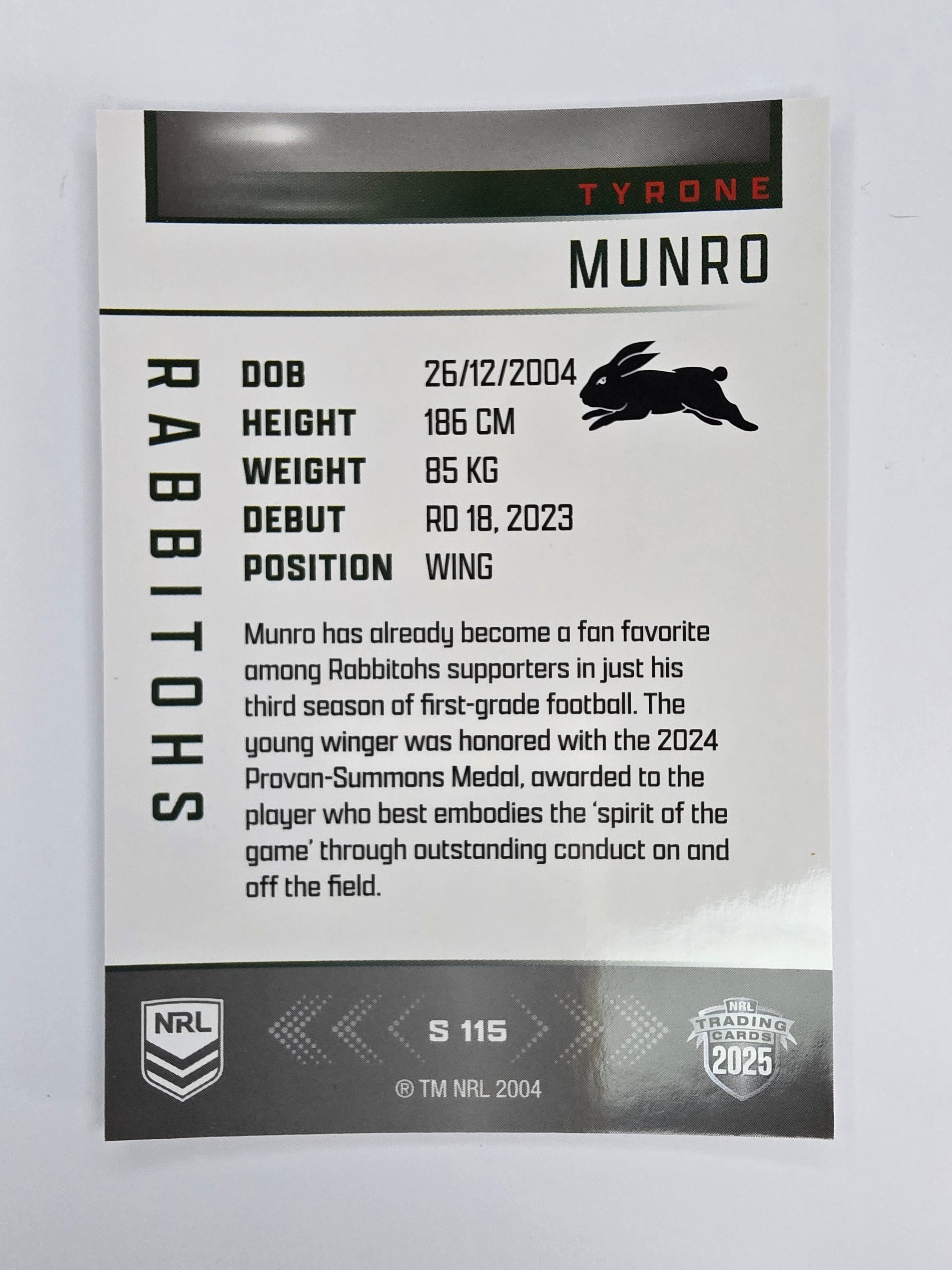 NRL 2025 Elite | Silver Parallel | #S115 | Tyrone Munro | Rabbitohs
