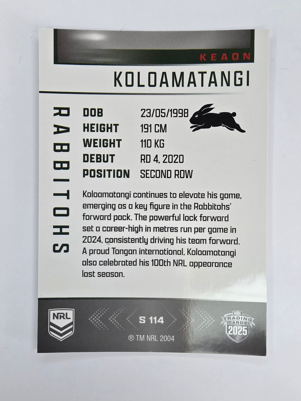 NRL 2025 Elite | Silver Parallel | #S114 | Keaon Koloamatangi | Rabbitohs