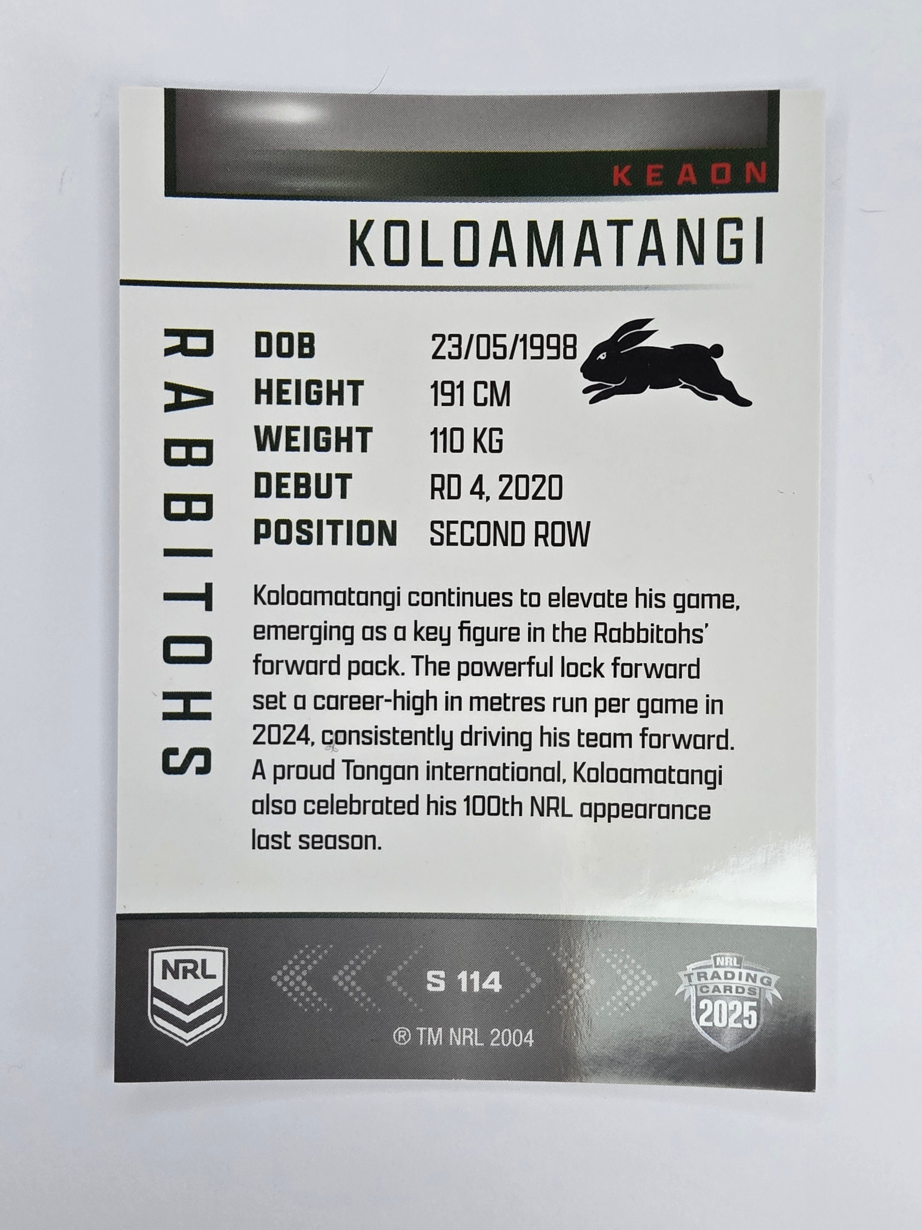 NRL 2025 Elite | Silver Parallel | #S114 | Keaon Koloamatangi | Rabbitohs