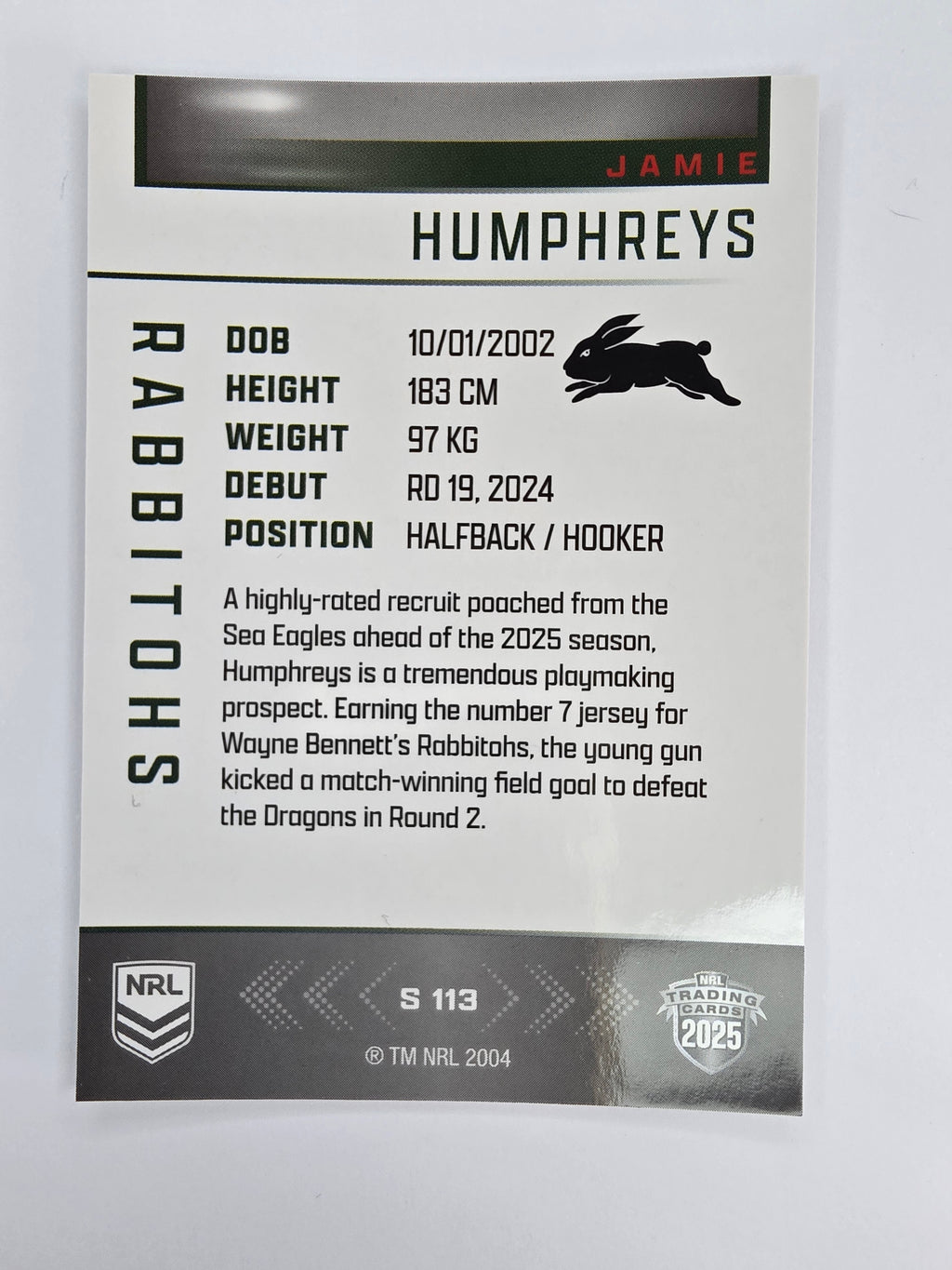 NRL 2025 Elite | Silver Parallel | #S113 | Jamie Humphreys | Rabbitohs