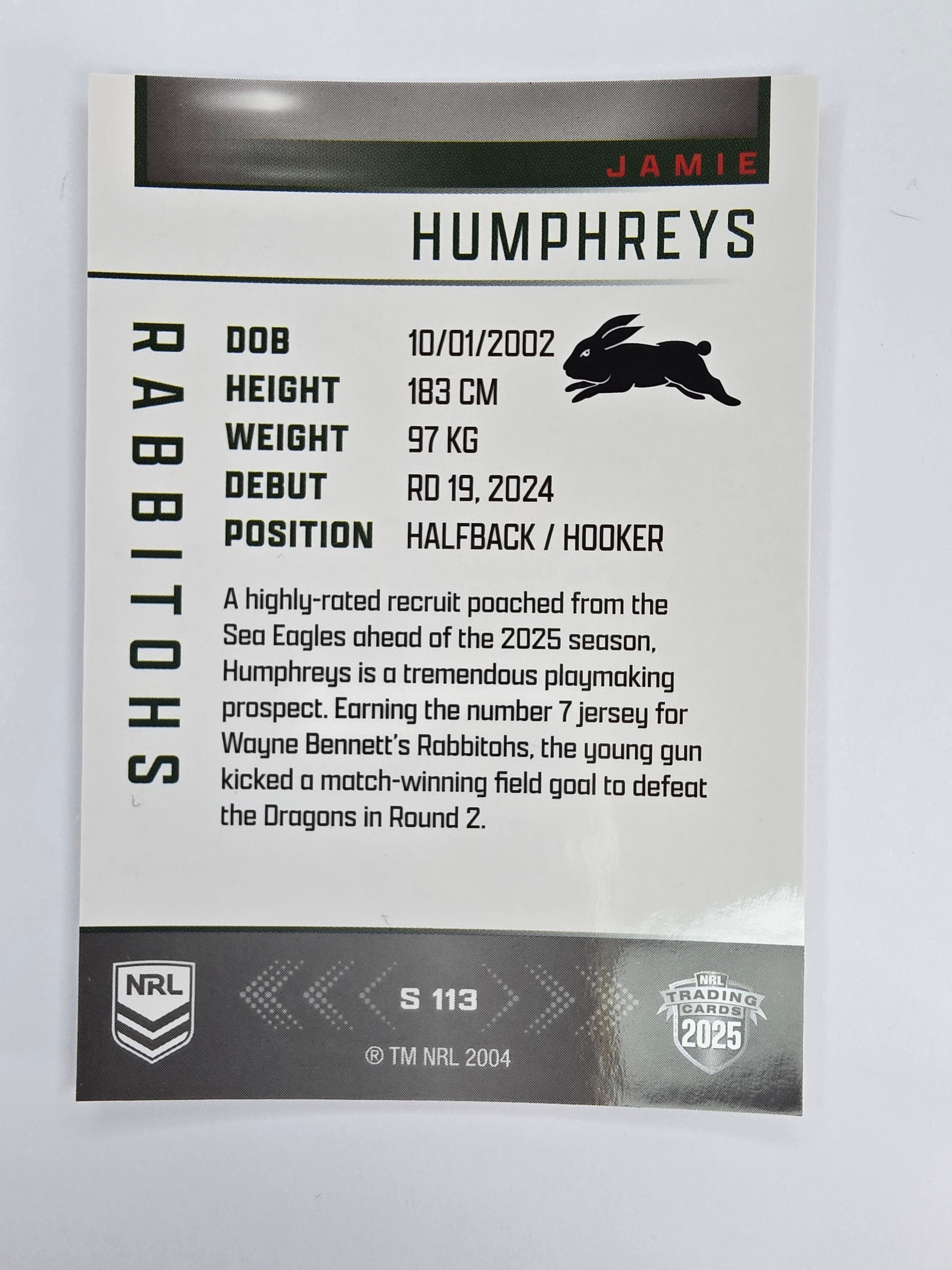 NRL 2025 Elite | Silver Parallel | #S113 | Jamie Humphreys | Rabbitohs