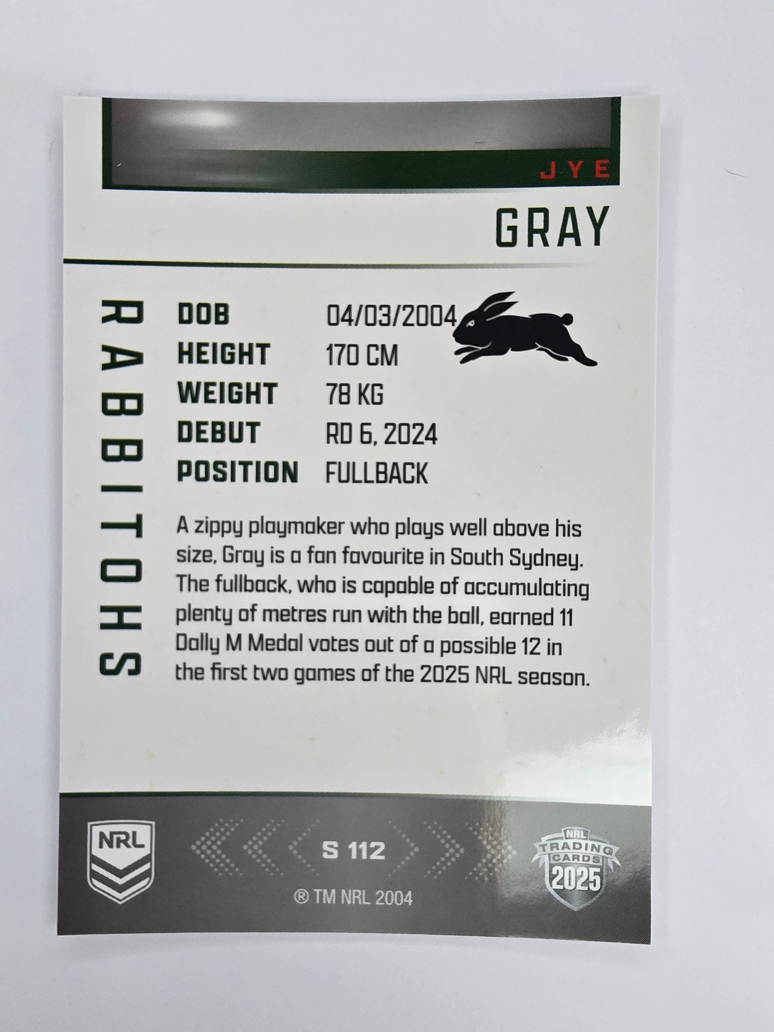NRL 2025 Elite | Silver Parallel | #S112 | Jye Gray | Rabbitohs