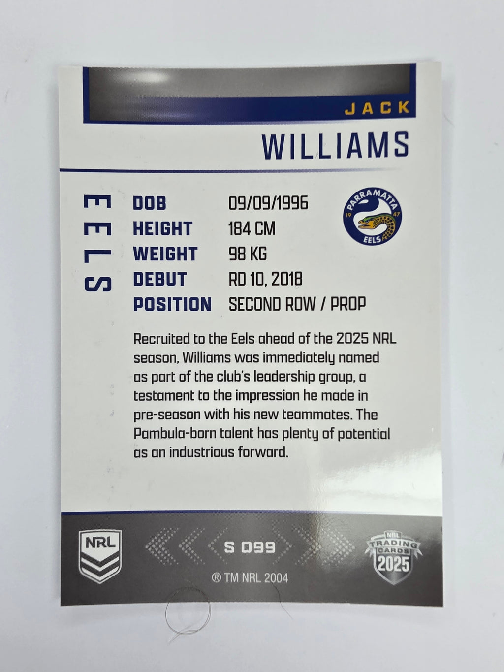 NRL 2025 Elite | Silver Parallel | #S099 | Jack Williams | Eels