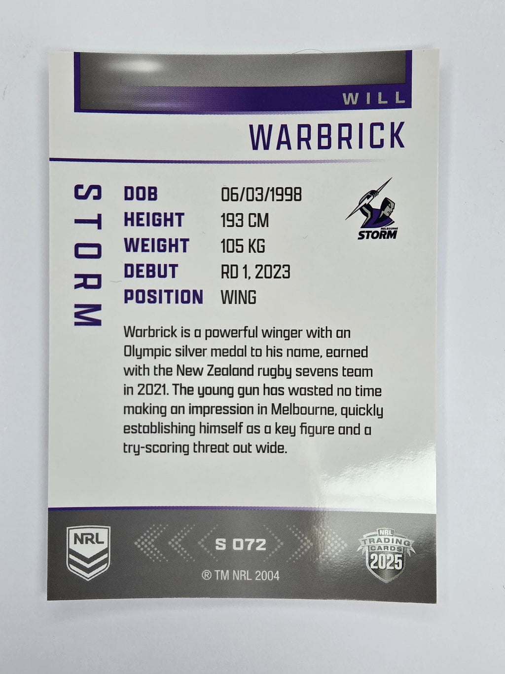 NRL 2025 Elite | Silver Parallel | #S072 | Will Warbrick | Storm