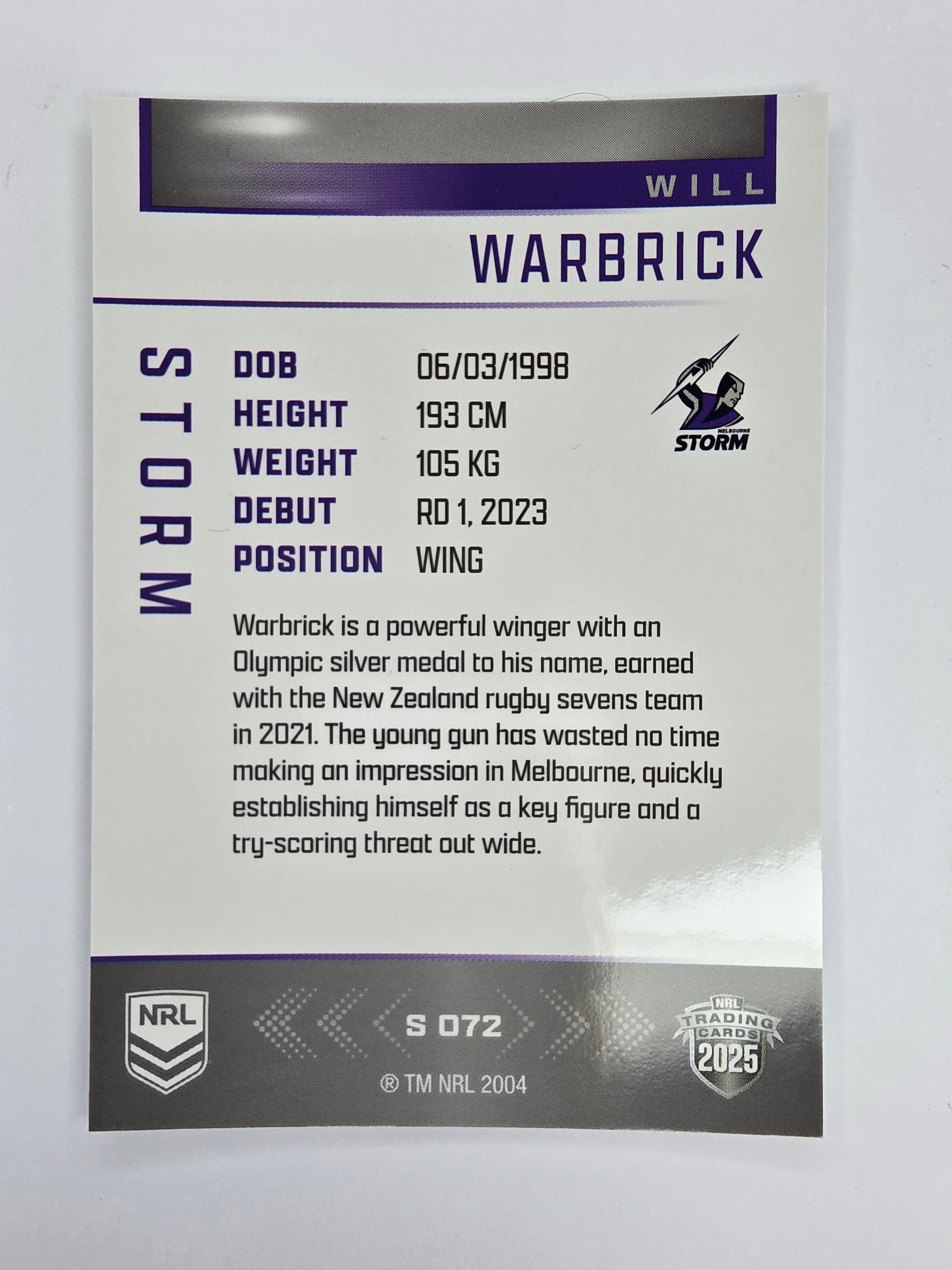NRL 2025 Elite | Silver Parallel | #S072 | Will Warbrick | Storm