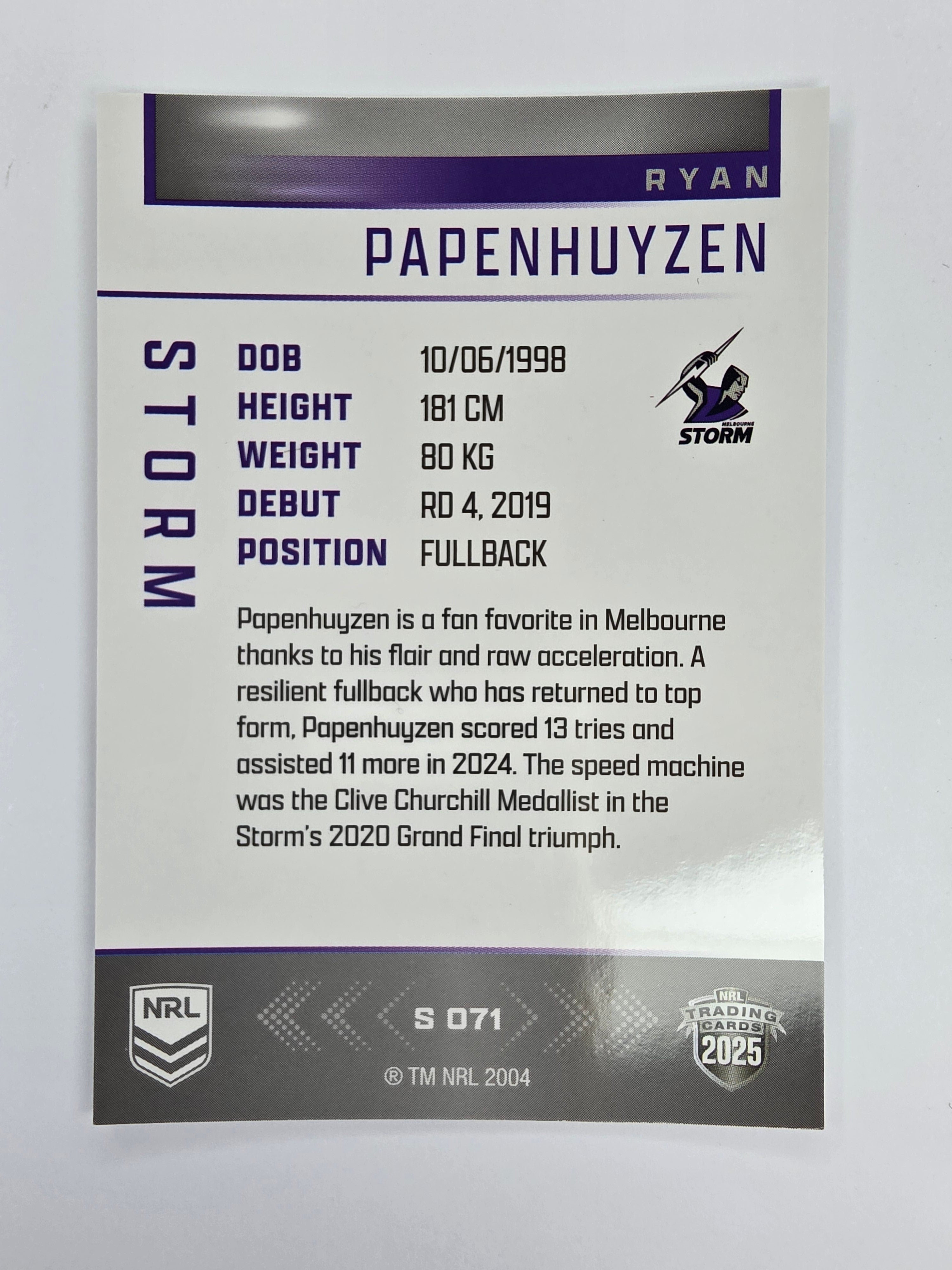 NRL 2025 Elite | Silver Parallel | #S071 | Ryan Papenhuyzen | Storm