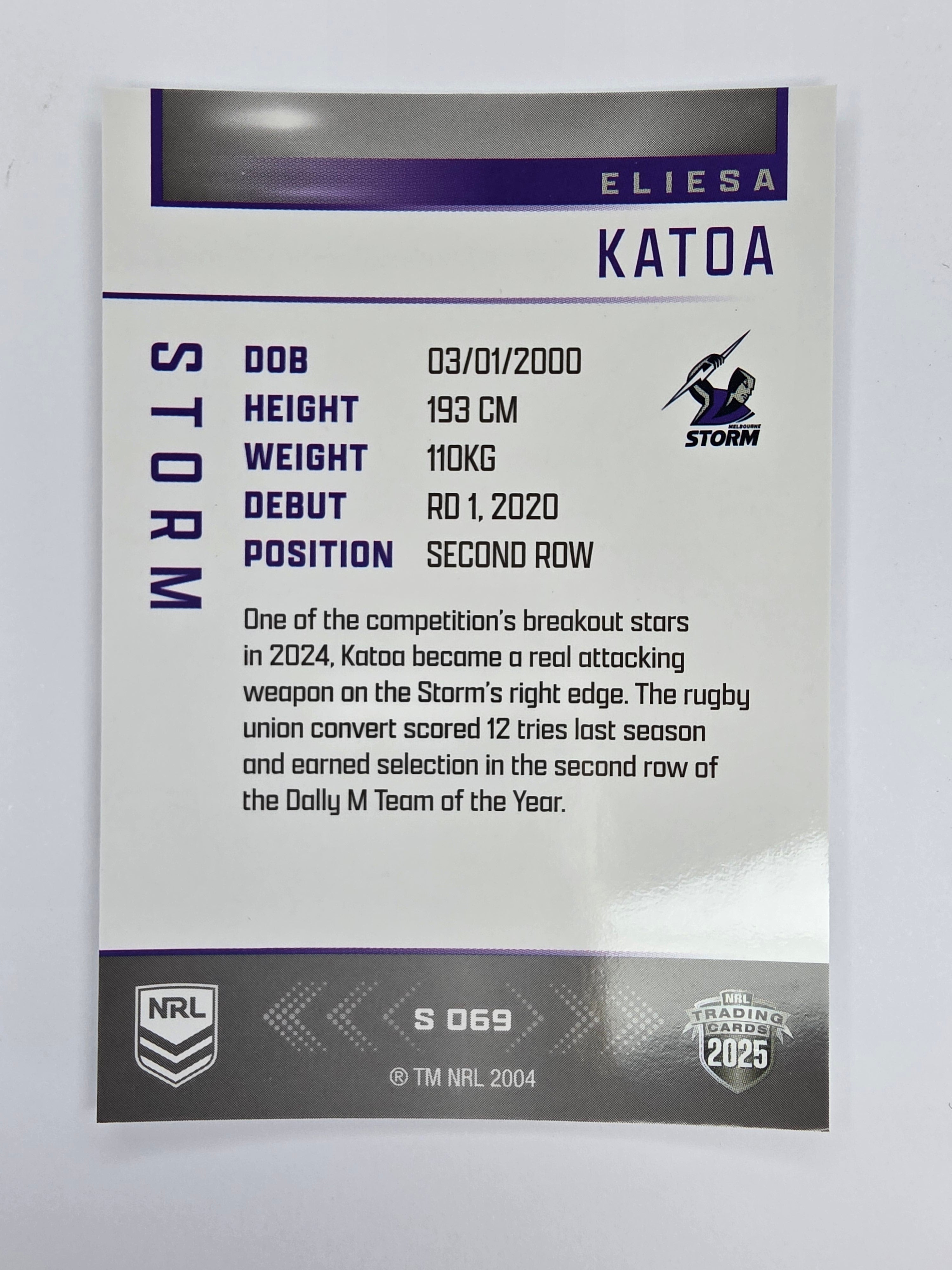NRL 2025 Elite | Silver Parallel | #S069 | Eliesa Katoa | Storm