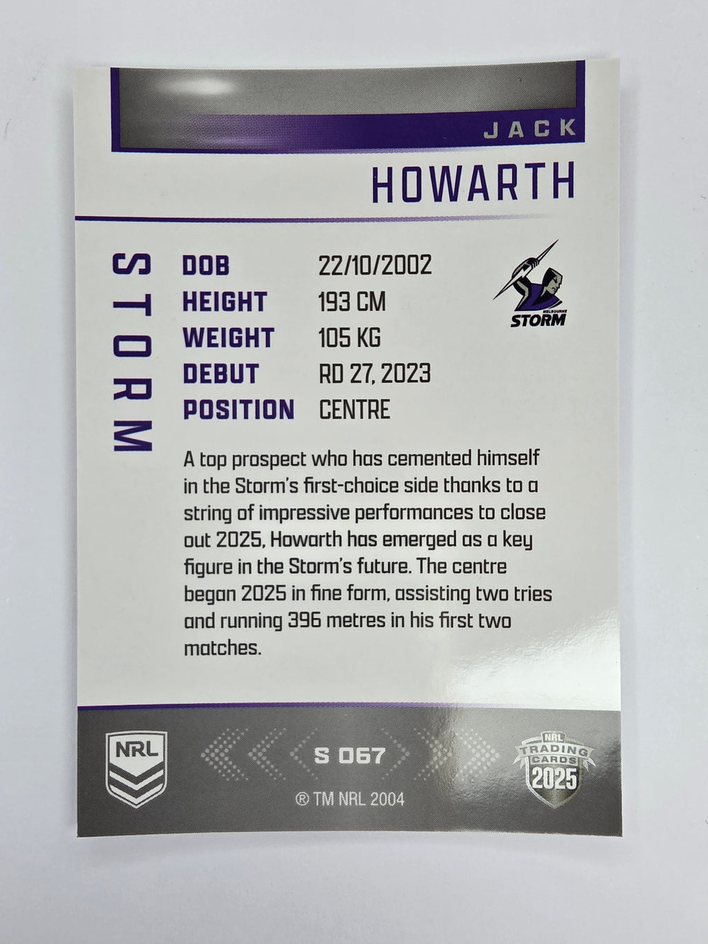 NRL 2025 Elite | Silver Parallel | #S067 | Jack Howarth | Storm
