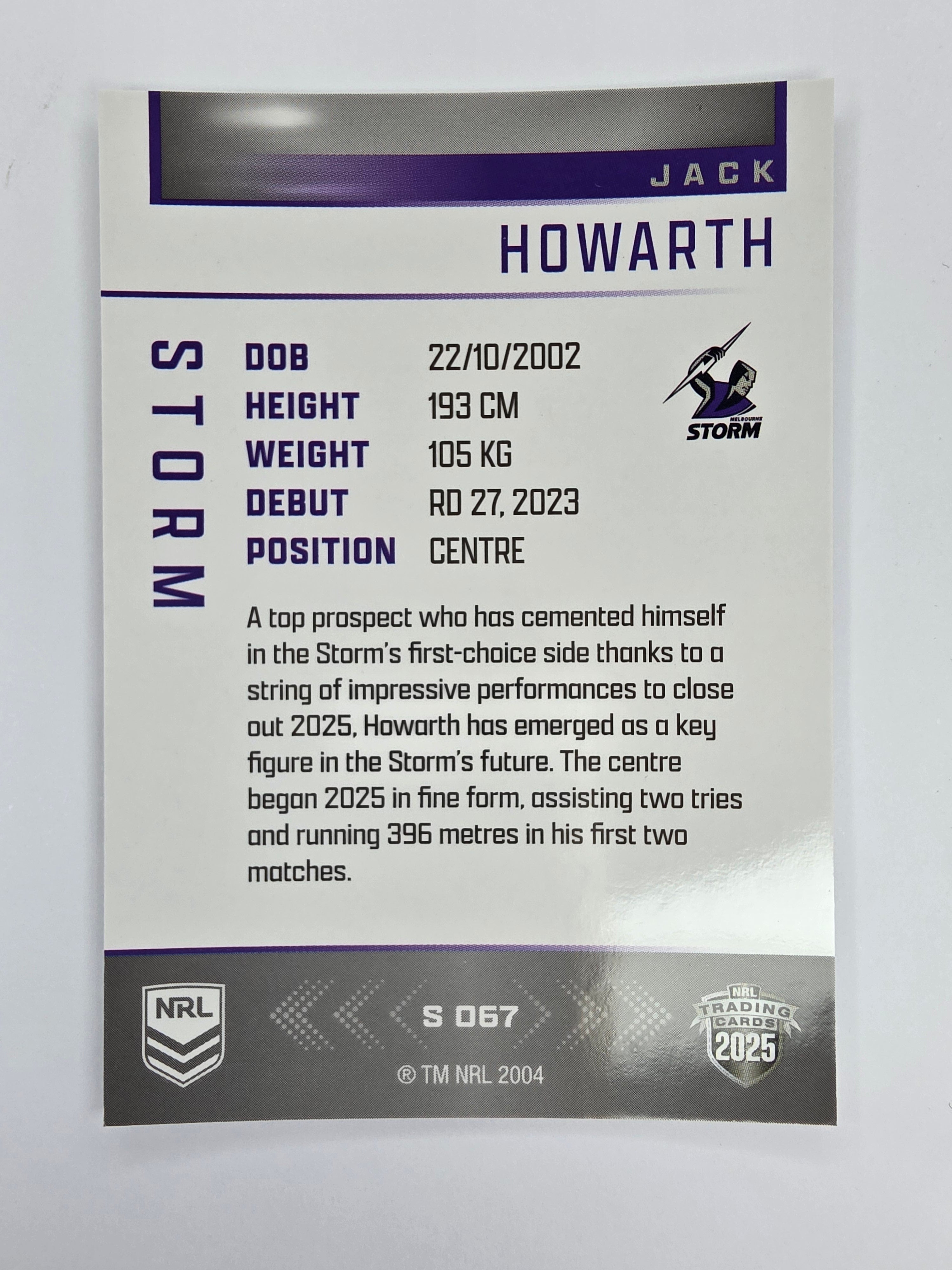 NRL 2025 Elite | Silver Parallel | #S067 | Jack Howarth | Storm