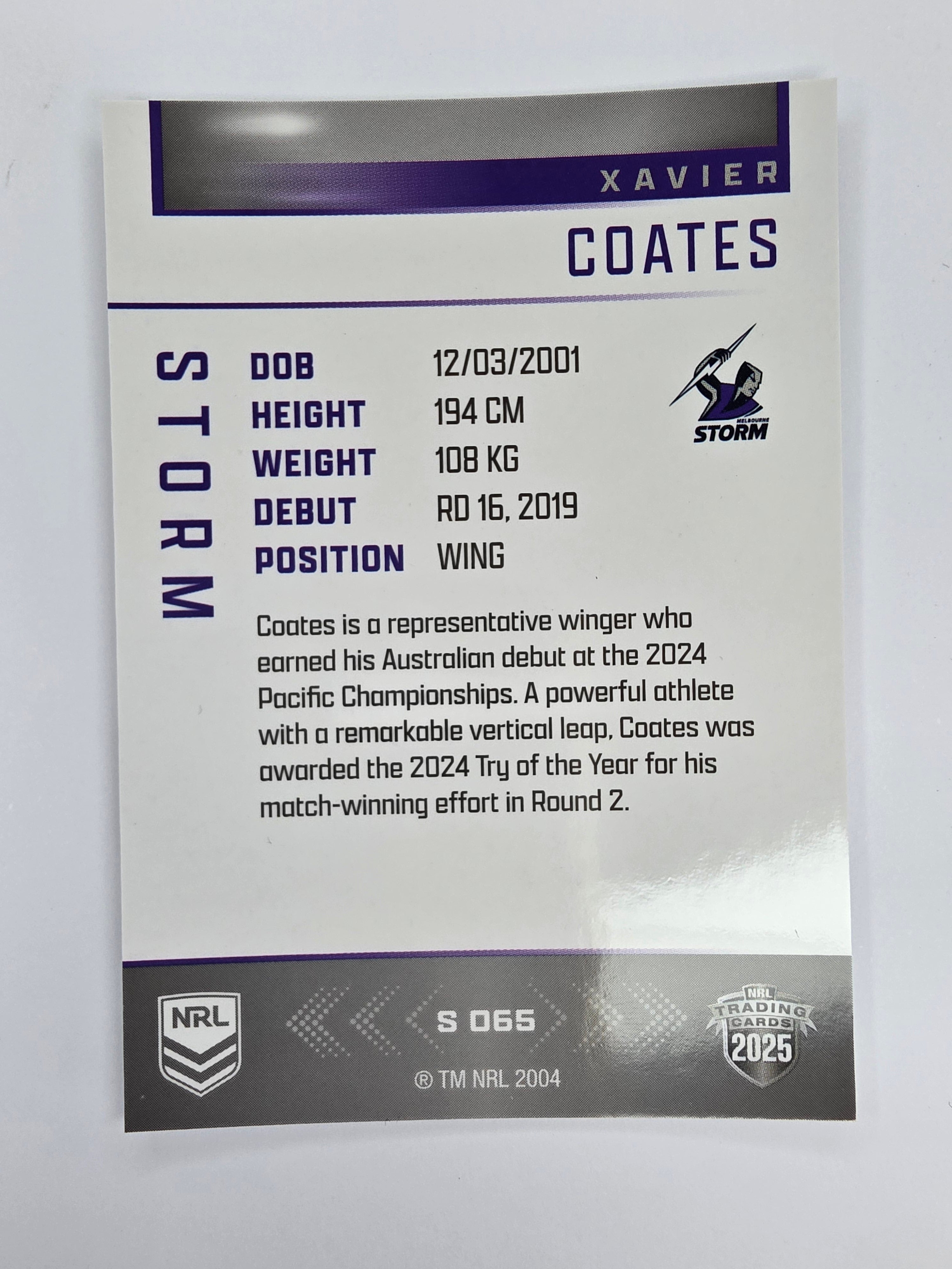 NRL 2025 Elite | Silver Parallel | #S065 | Xavier Coates | Storm