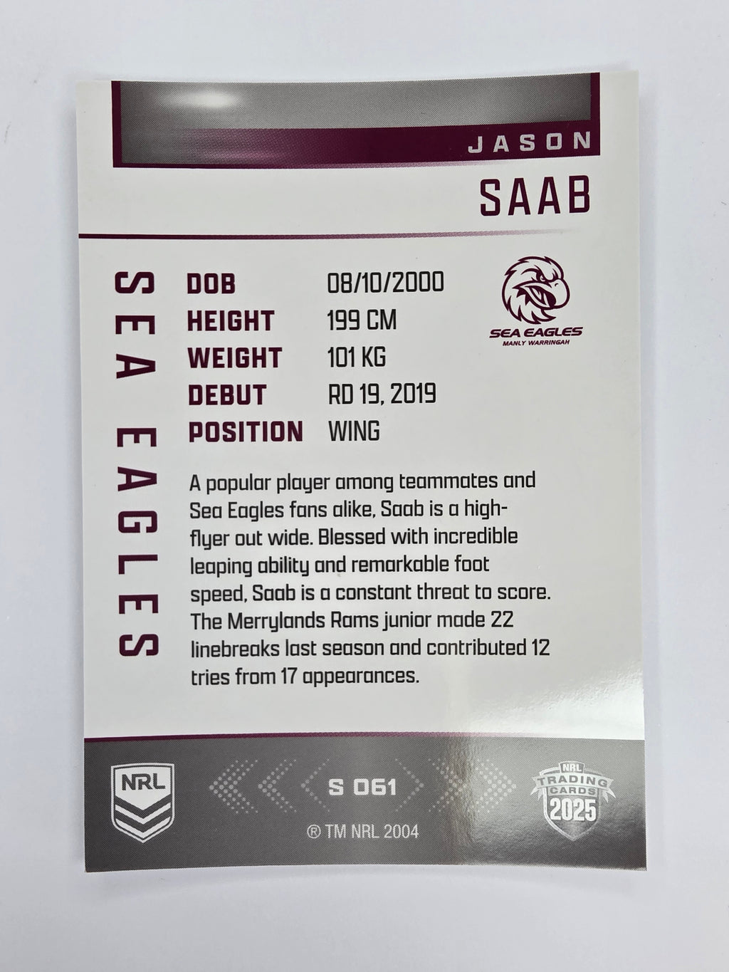 NRL 2025 Elite | Silver Parallel | #S061 | Jason Saab | Sea Eagles