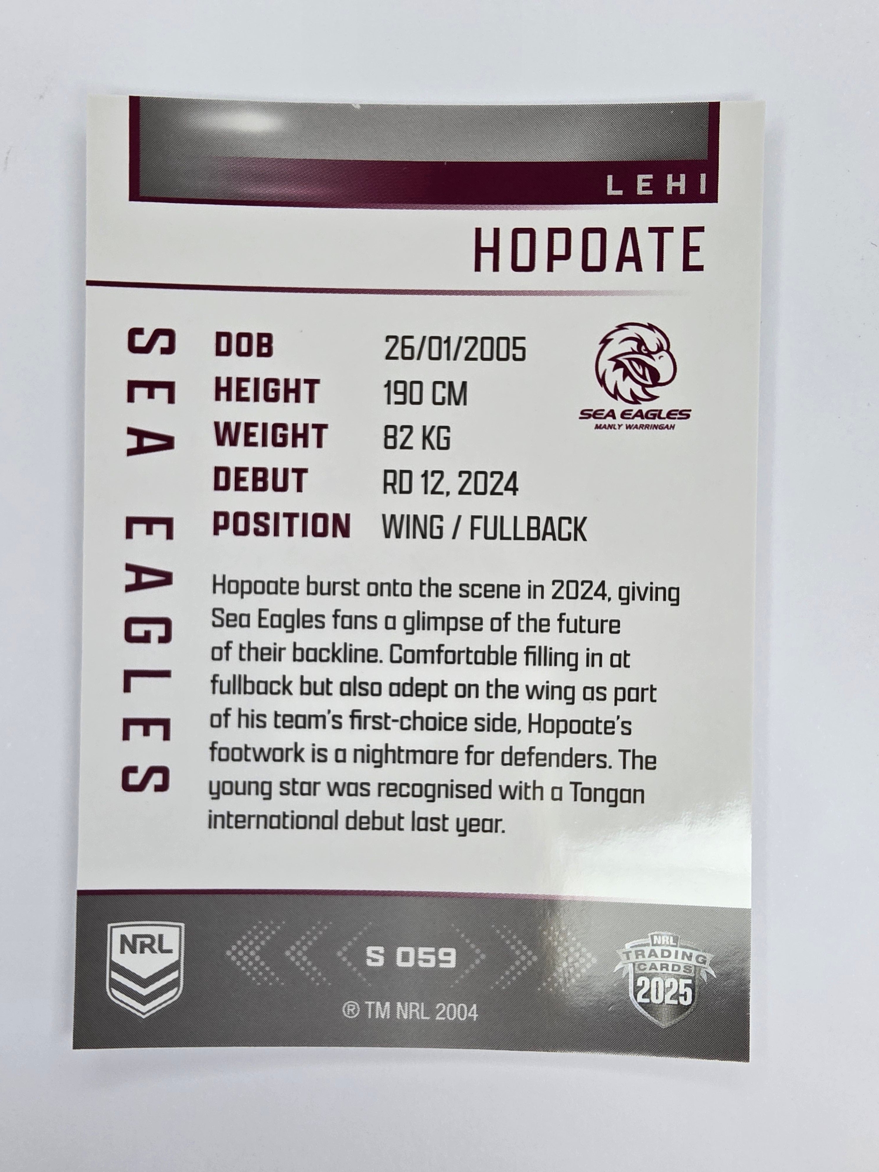 NRL 2025 Elite | Silver Parallel | #S059 | Lehi Hopoate | Sea Eagles