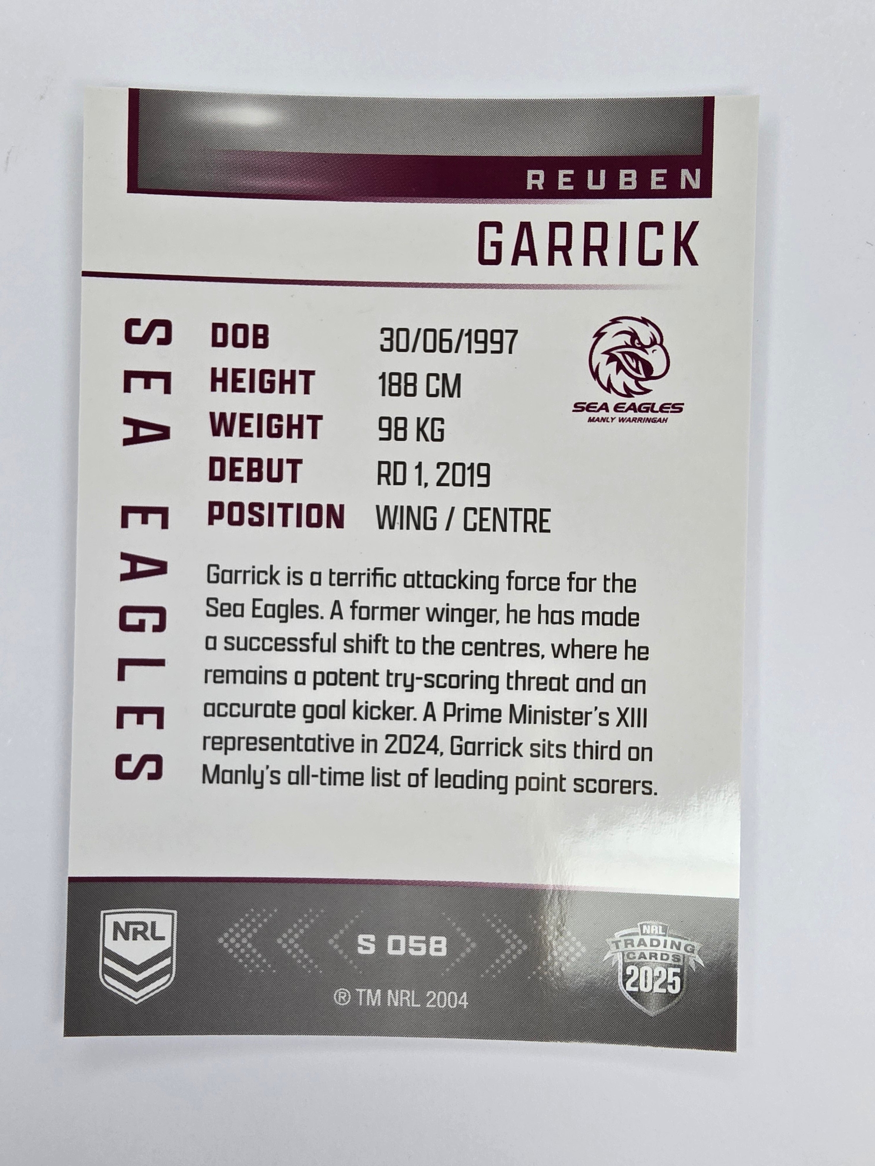 NRL 2025 Elite | Silver Parallel | #S058 | Reuben Garrick | Sea Eagles