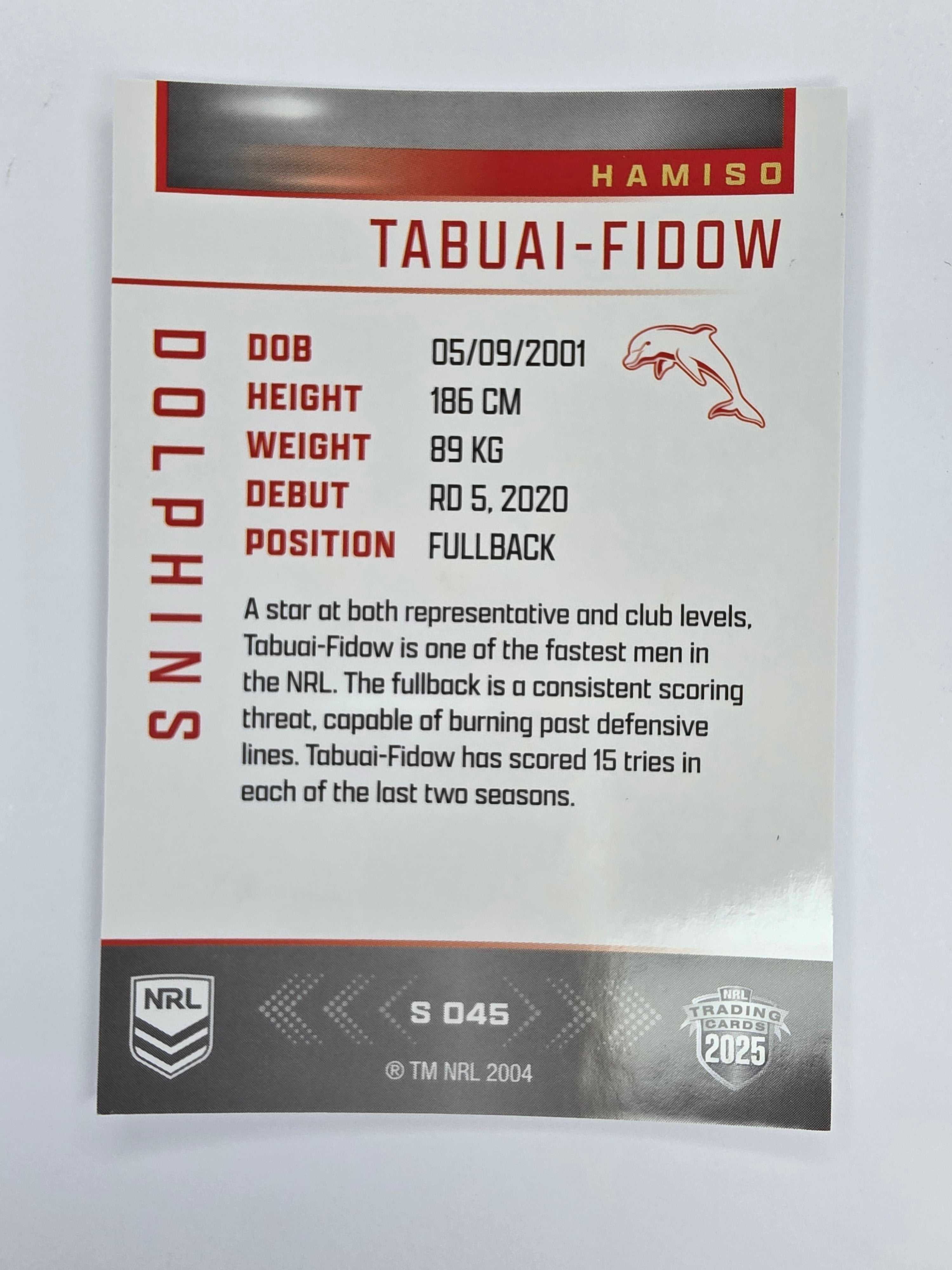 NRL 2025 Elite | Silver Parallel | #S045 | Hamiso Tabuai-Fidow | Dolphins
