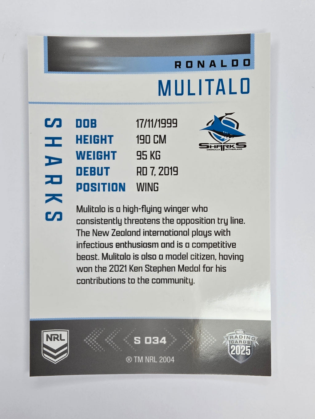 NRL 2025 Elite | Silver Parallel | #S034 | Ronaldo Mulitalo | Sharks