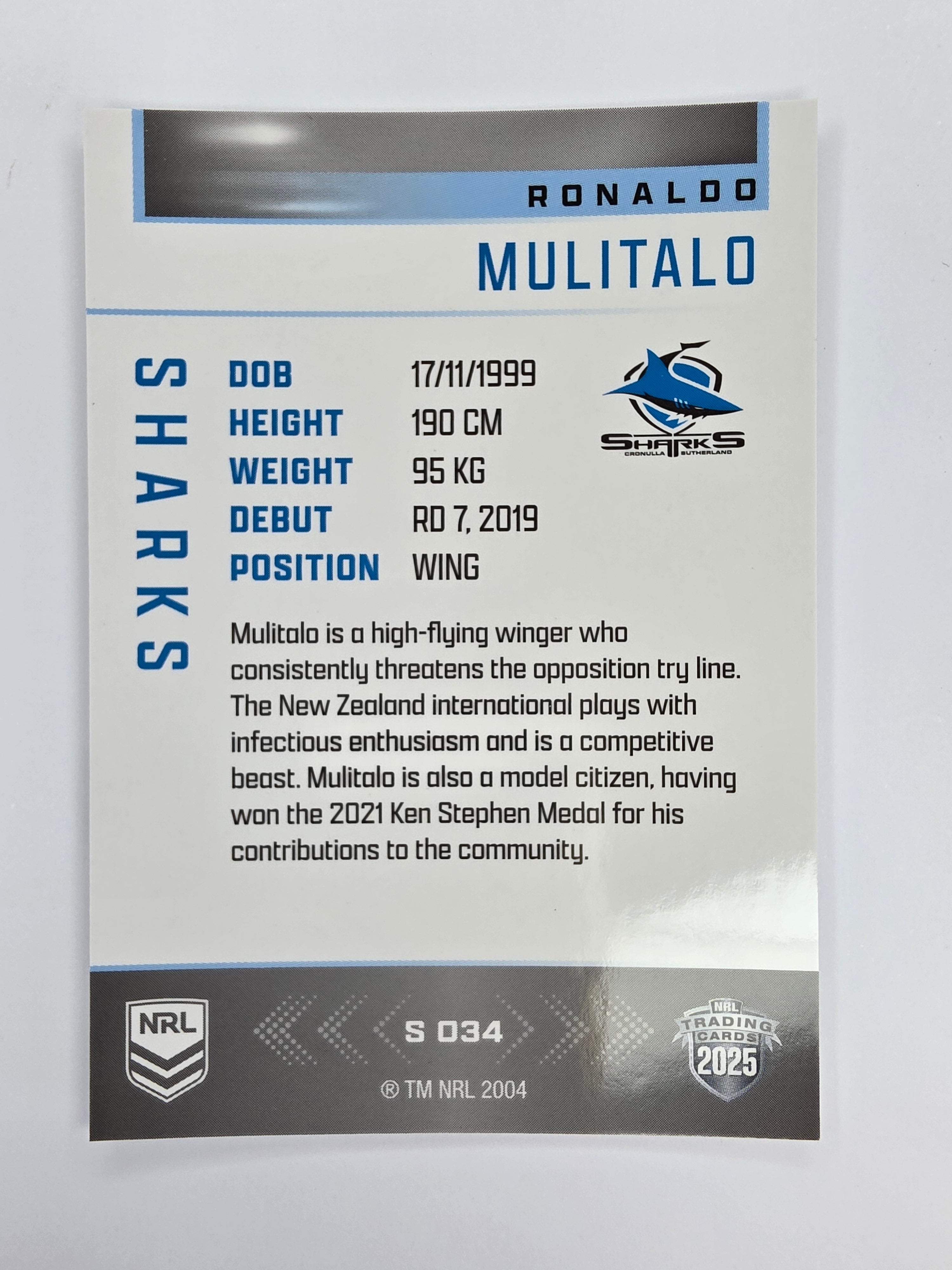 NRL 2025 Elite | Silver Parallel | #S034 | Ronaldo Mulitalo | Sharks