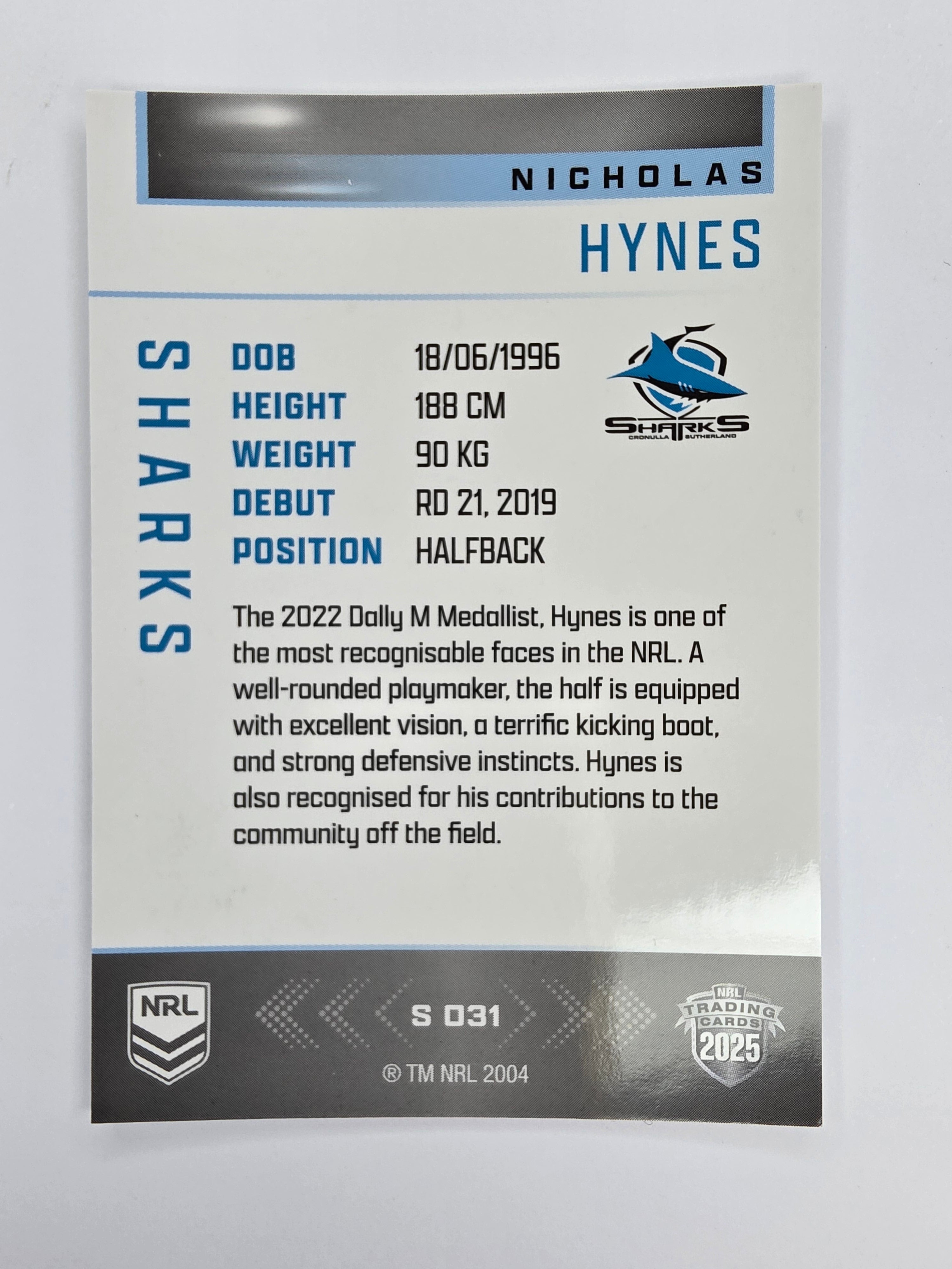 NRL 2025 Elite | Silver Parallel | #S031 | Nicholas Hynes | Sharks