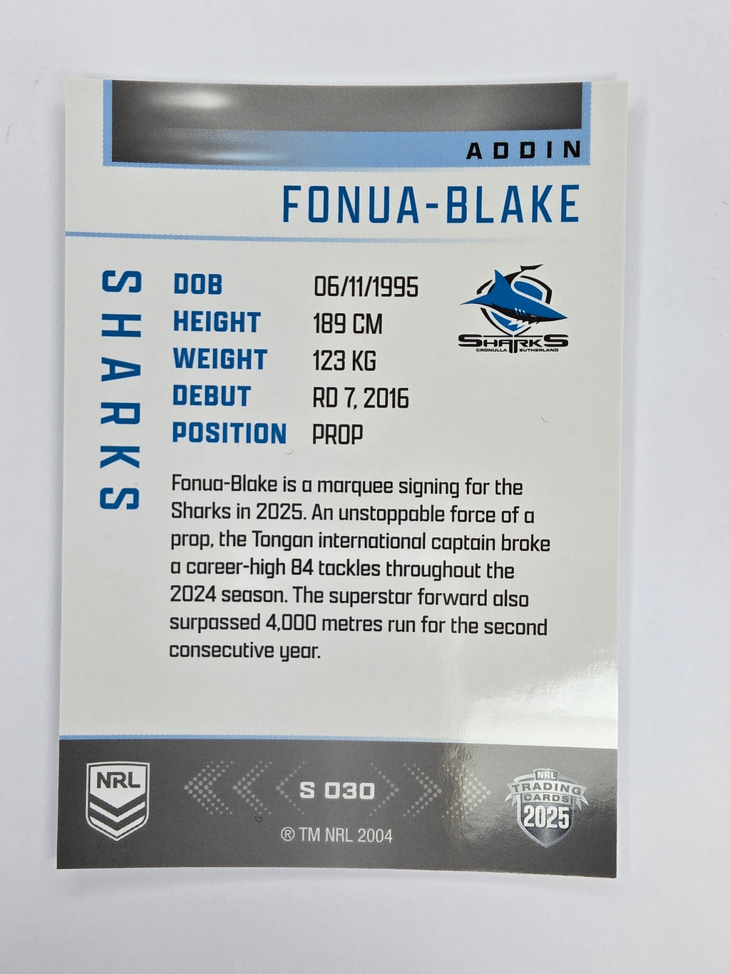 NRL 2025 Elite | Silver Parallel | #S030 | Addin Fonua-Blake | Sharks