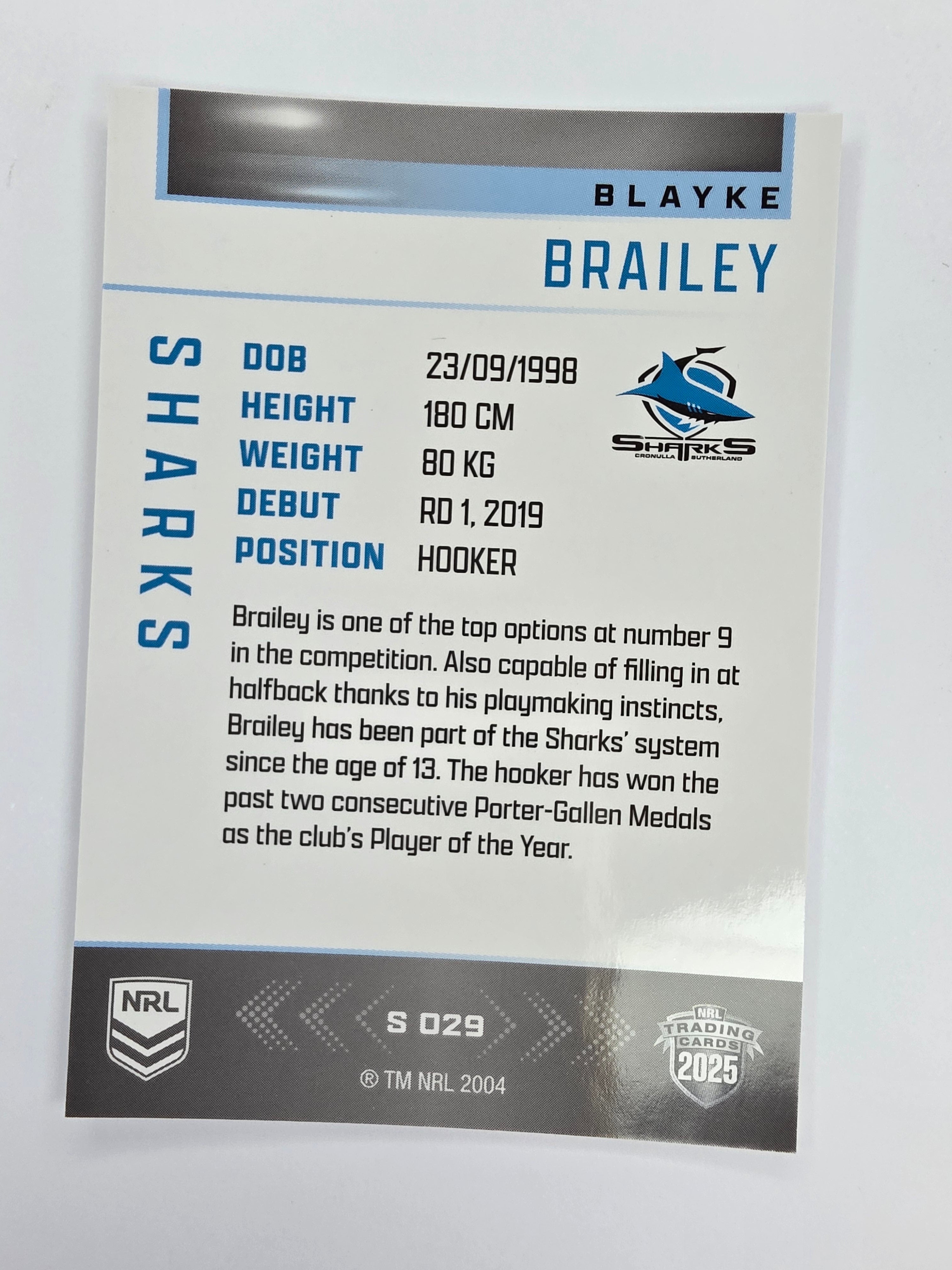 NRL 2025 Elite | Silver Parallel | #S029 | Blayke Brailey | Sharks