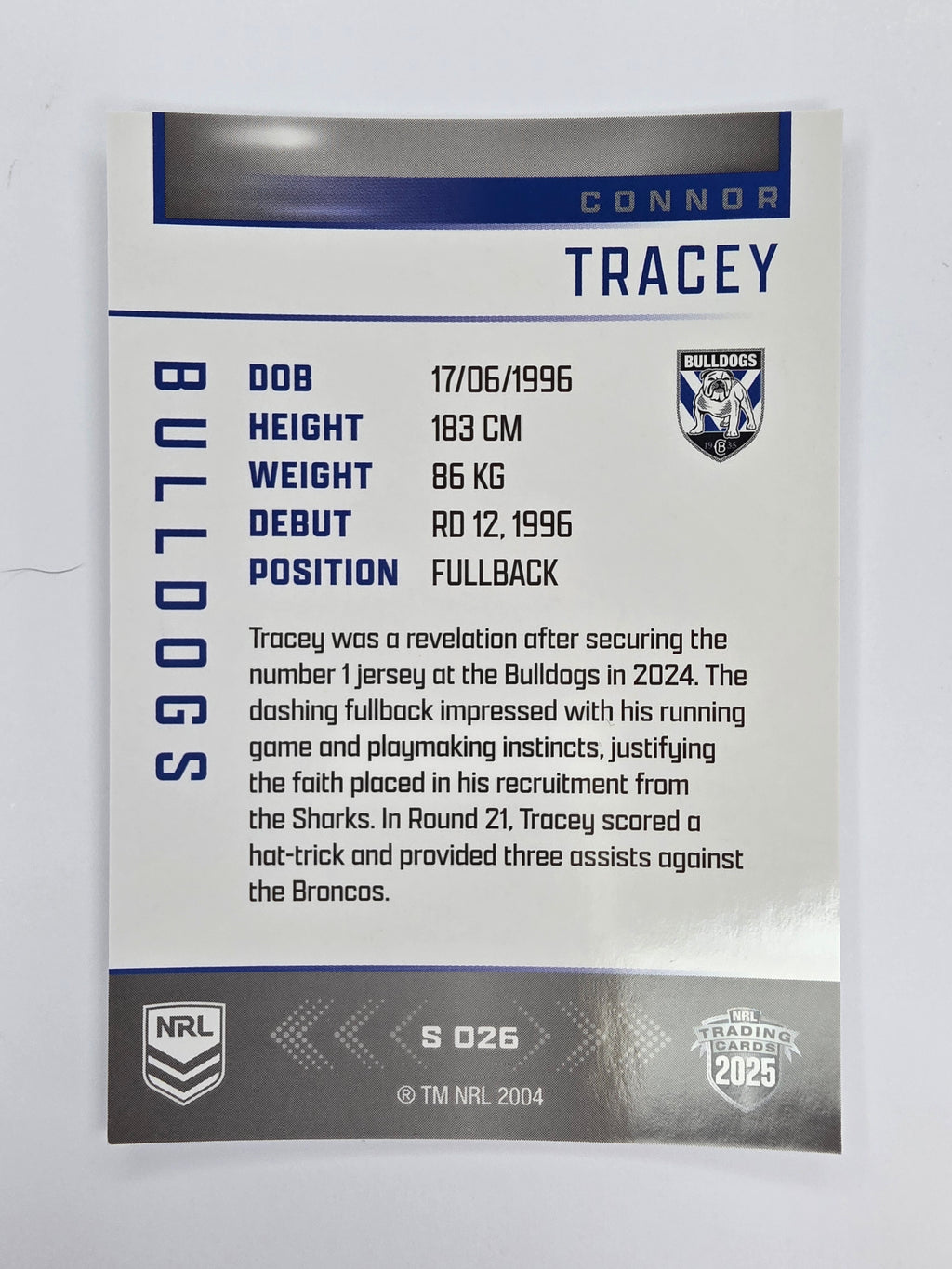 NRL 2025 Elite | Silver Parallel | #S026 | Connor Tracey | Bulldogs