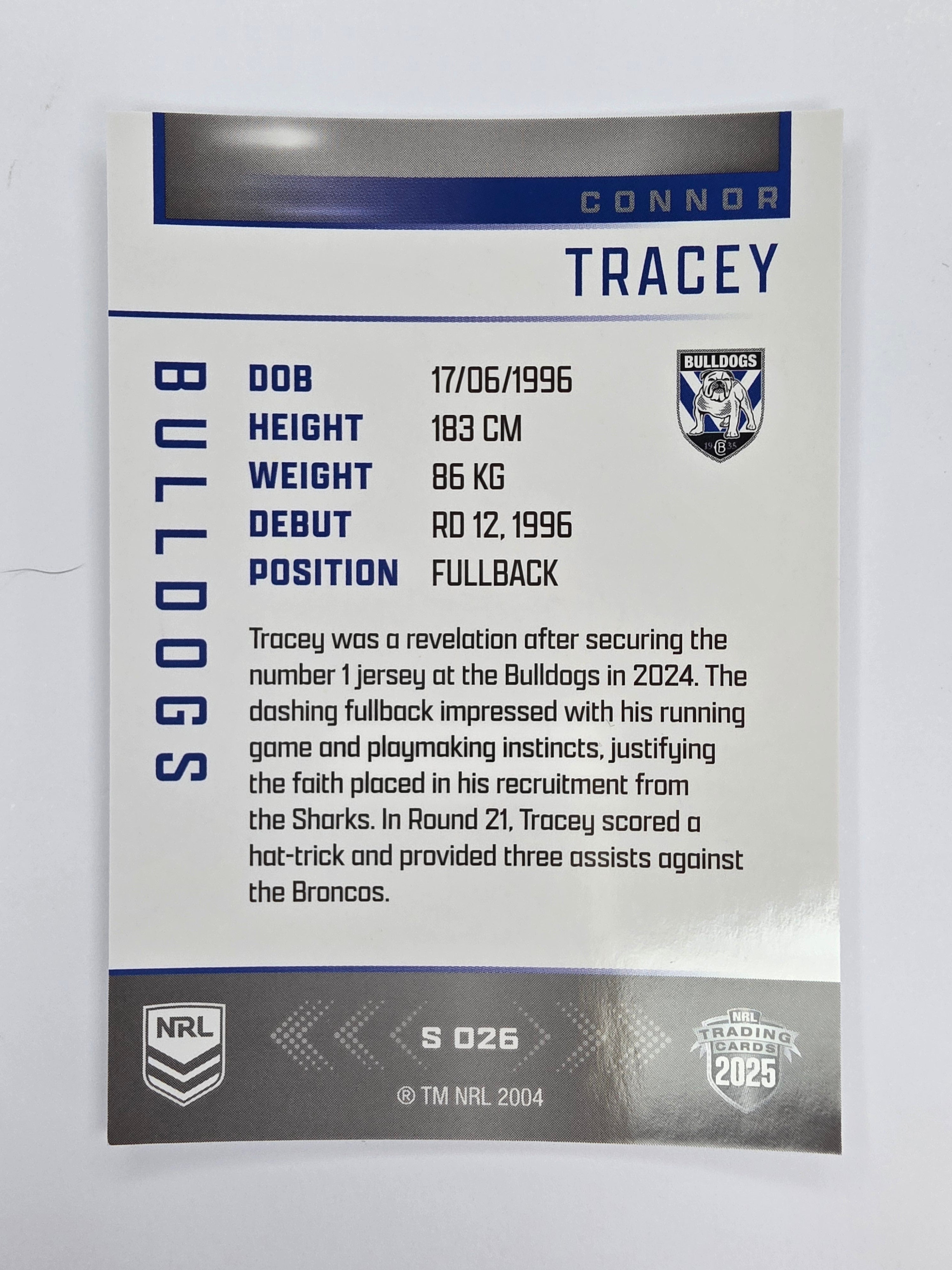 NRL 2025 Elite | Silver Parallel | #S026 | Connor Tracey | Bulldogs